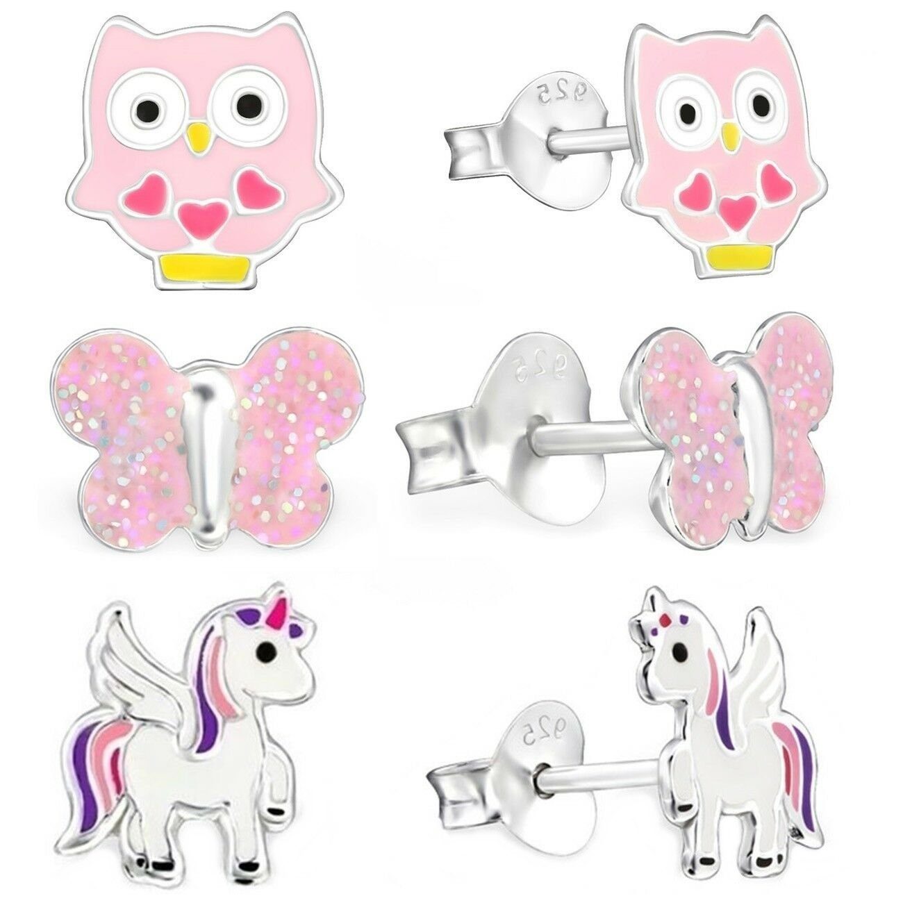 Goldene Hufeisen Ohrstecker-Set Magische Ohrringe Einhorn, Schmetterling, Eule für kleine Mädchen (6-tlg), 925 Silber (Sterlingsilber), Hypoallergen