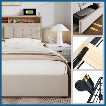 HT Polsterbett, Doppelbett mit 4 Schubladen, Lattenrost aus Holz(Ohne Matratze)