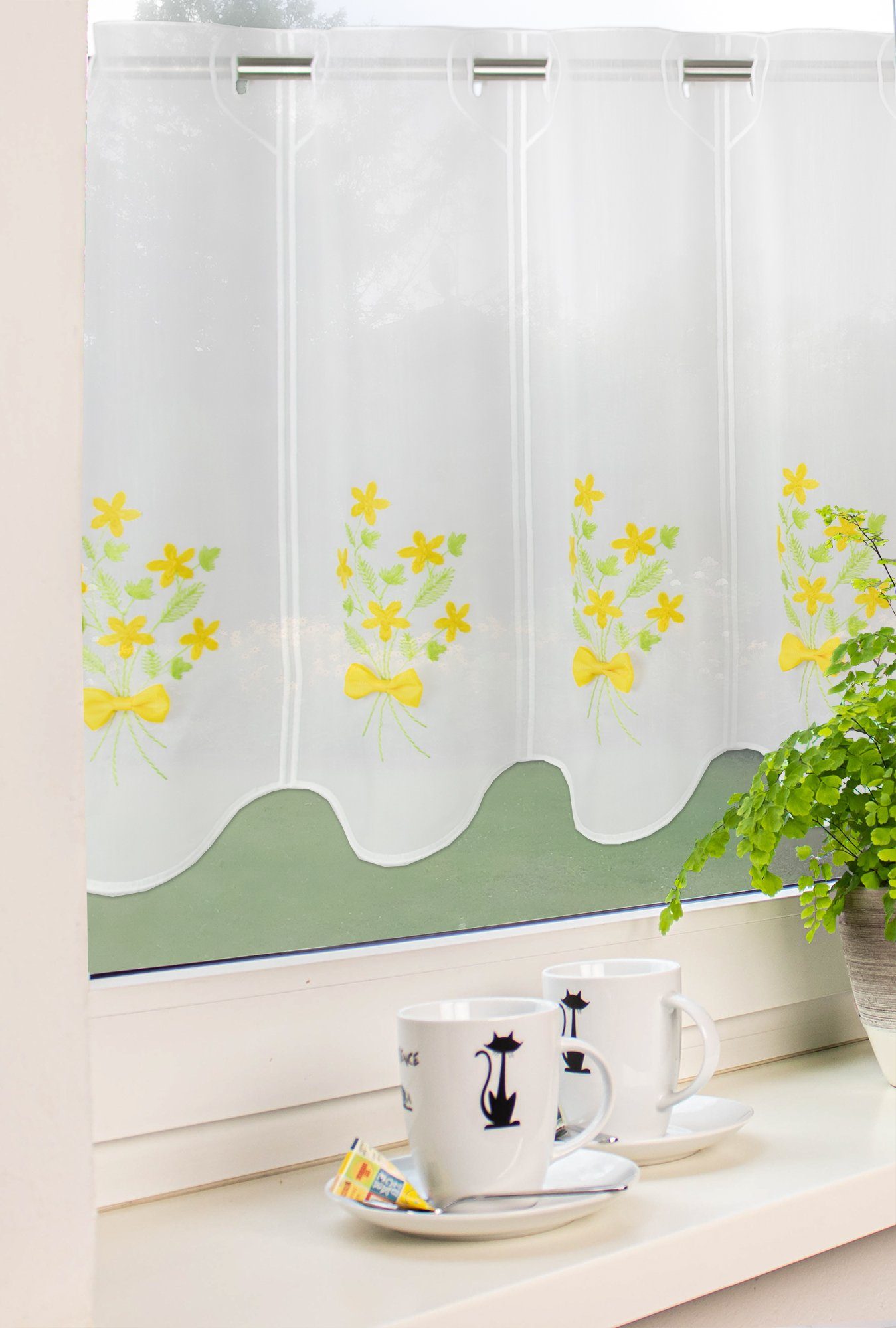 EXPERIENCE Scheibengardine Scheibengardine Kurzgardine Küchengardine Bistrogardine Fay Weiß Batist Blumen Schleife Grün Gelb 45x155 cm (1 St), Durchzuglöcher, halbtransparent, Applikation