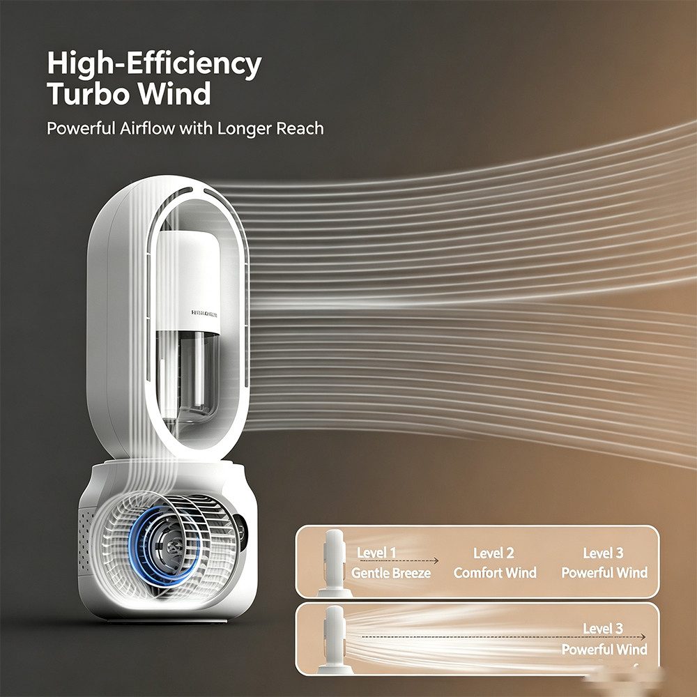 MOPUEA Turmventilator Blattloser Tischventilator mit Sprühnebel 3 Stufen 360° Luftstrom, 3 Windstufen 360° Luftstrom Sprühnebel leise USB-C Display Akku Licht.