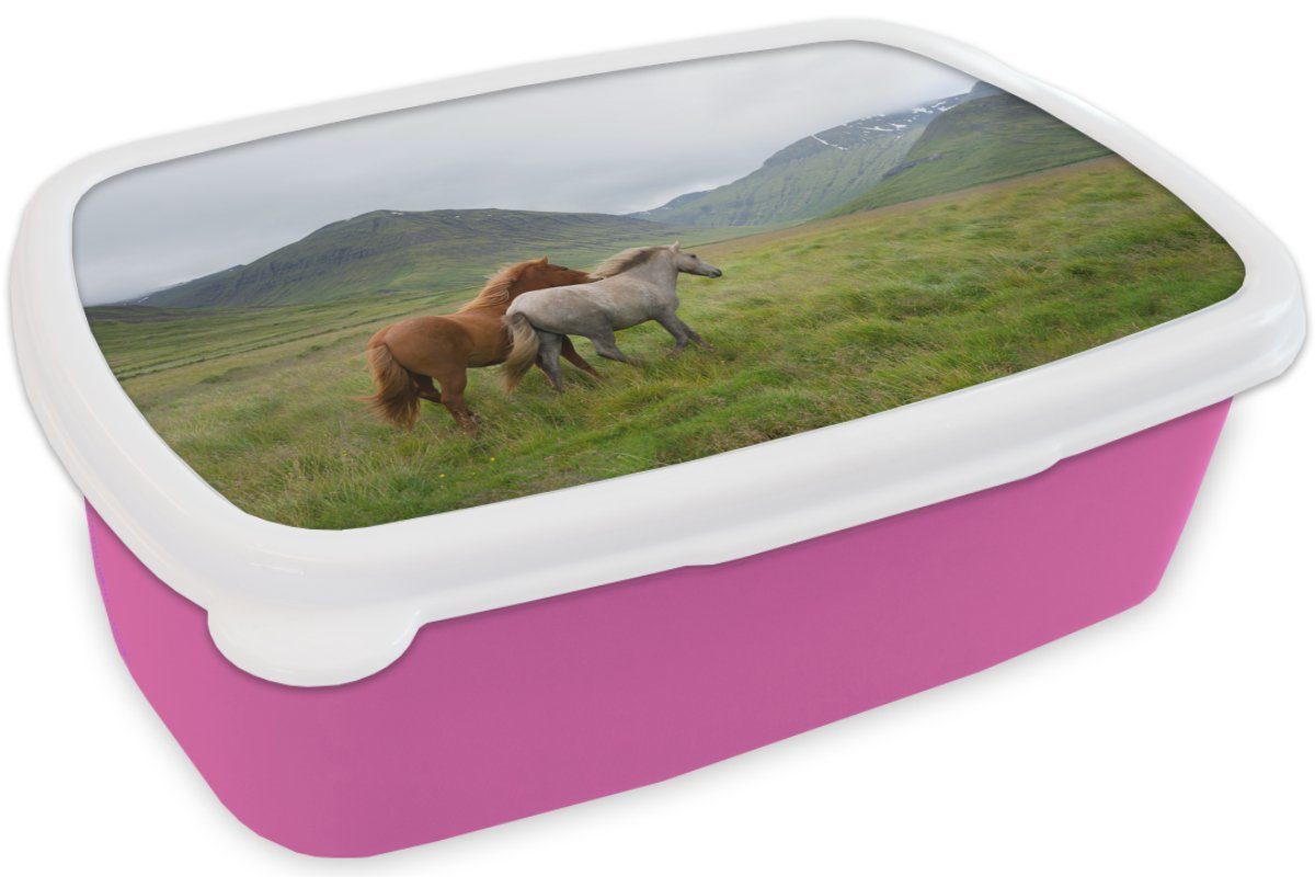 - MuchoWow Kunststoff rosa Kinder, (2-tlg), Mädchen, Pferde - Brotdose Berge, Snackbox, Erwachsene, Gras Brotbox Lunchbox Kunststoff, für