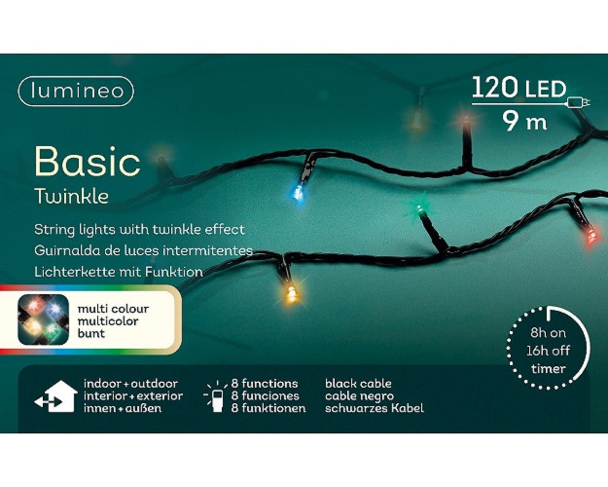 Kaemingk LED-Lichterkette LED Basic-Beleuchtung Twinkle Effekt 8 F L.900cm 120L schwarz/bunt