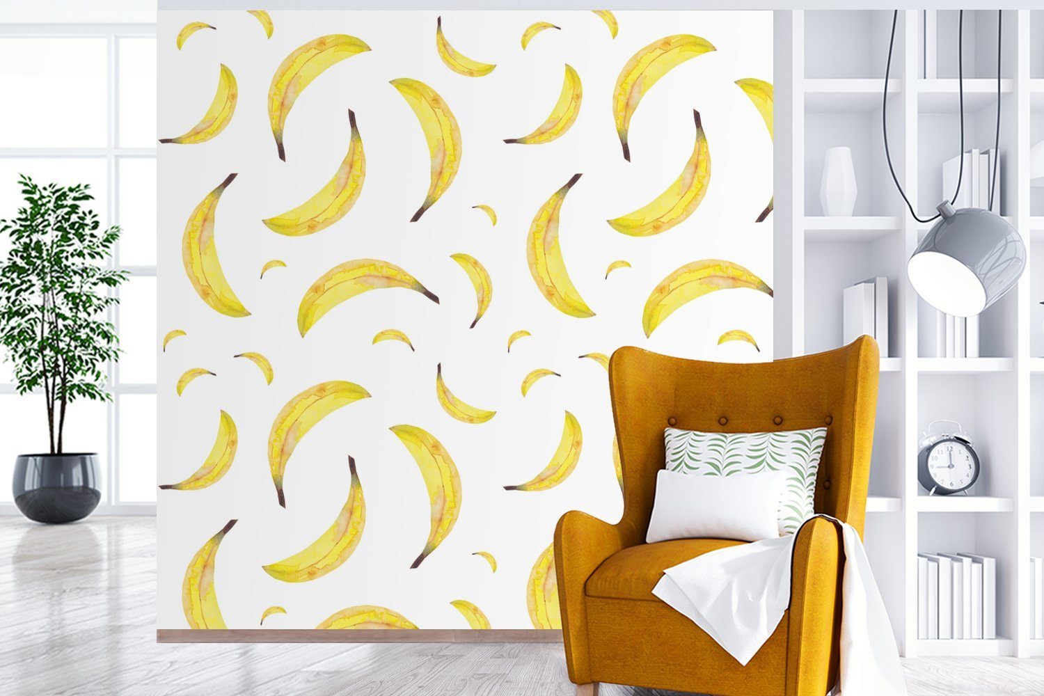 Bananen für Tapete MuchoWow St), Wandtapete - Fototapete - Wohnzimmer (5 Weiß bedruckt, Schablonen, Vinyl Schlafzimmer, oder Matt,