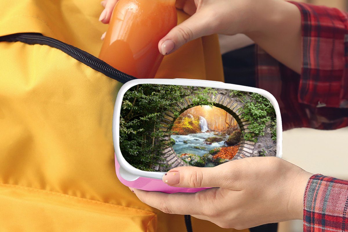 MuchoWow Lunchbox - Aussicht, Kunststoff, Herbst Brotdose rosa Kunststoff Snackbox, Natur Wasserfall Kinder, (2-tlg), - Mädchen, für - Brotbox Erwachsene