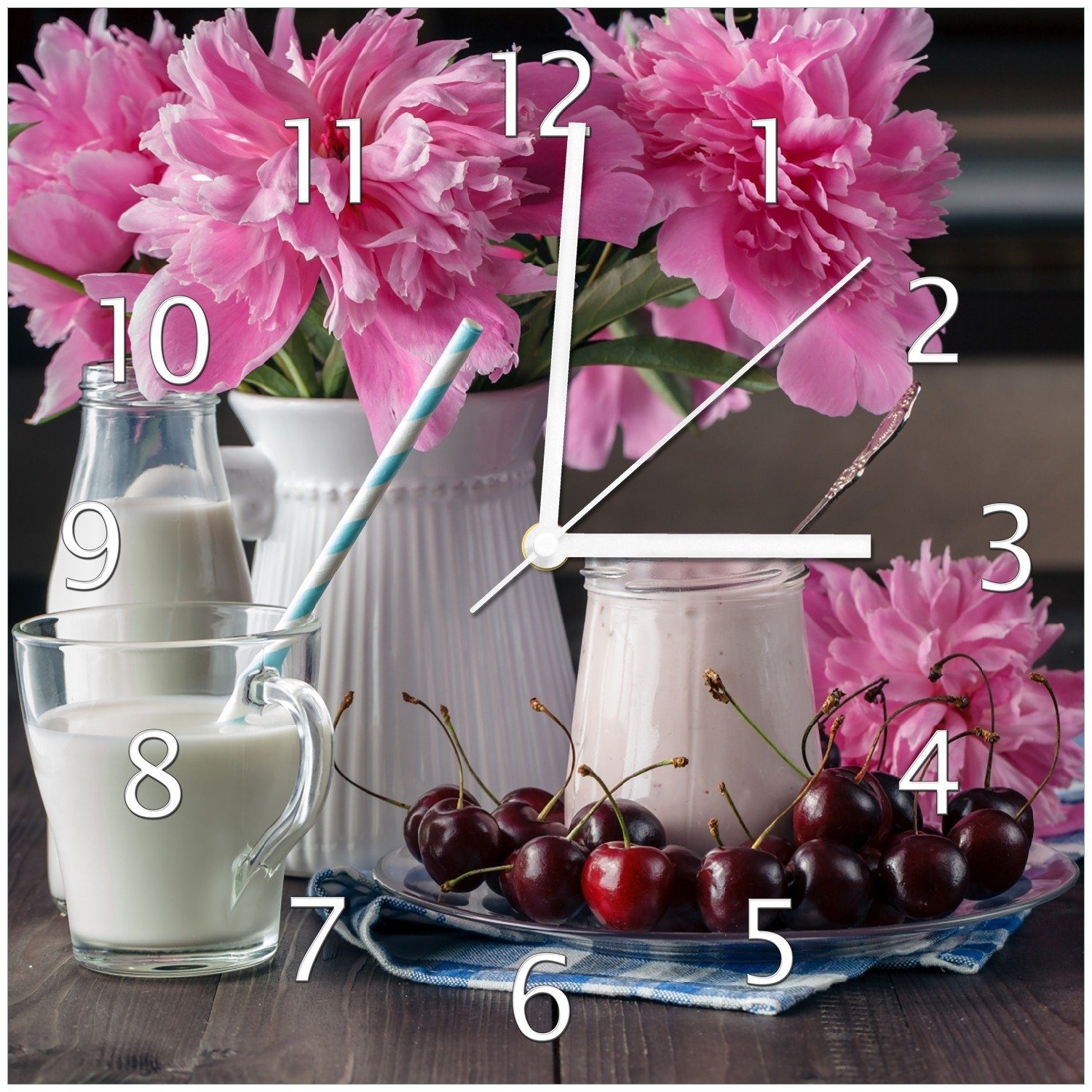 Wallario Wanduhr Milch mit Kirschen zum Frühstück mit rosa Blumenarrangement (Glasuhr)