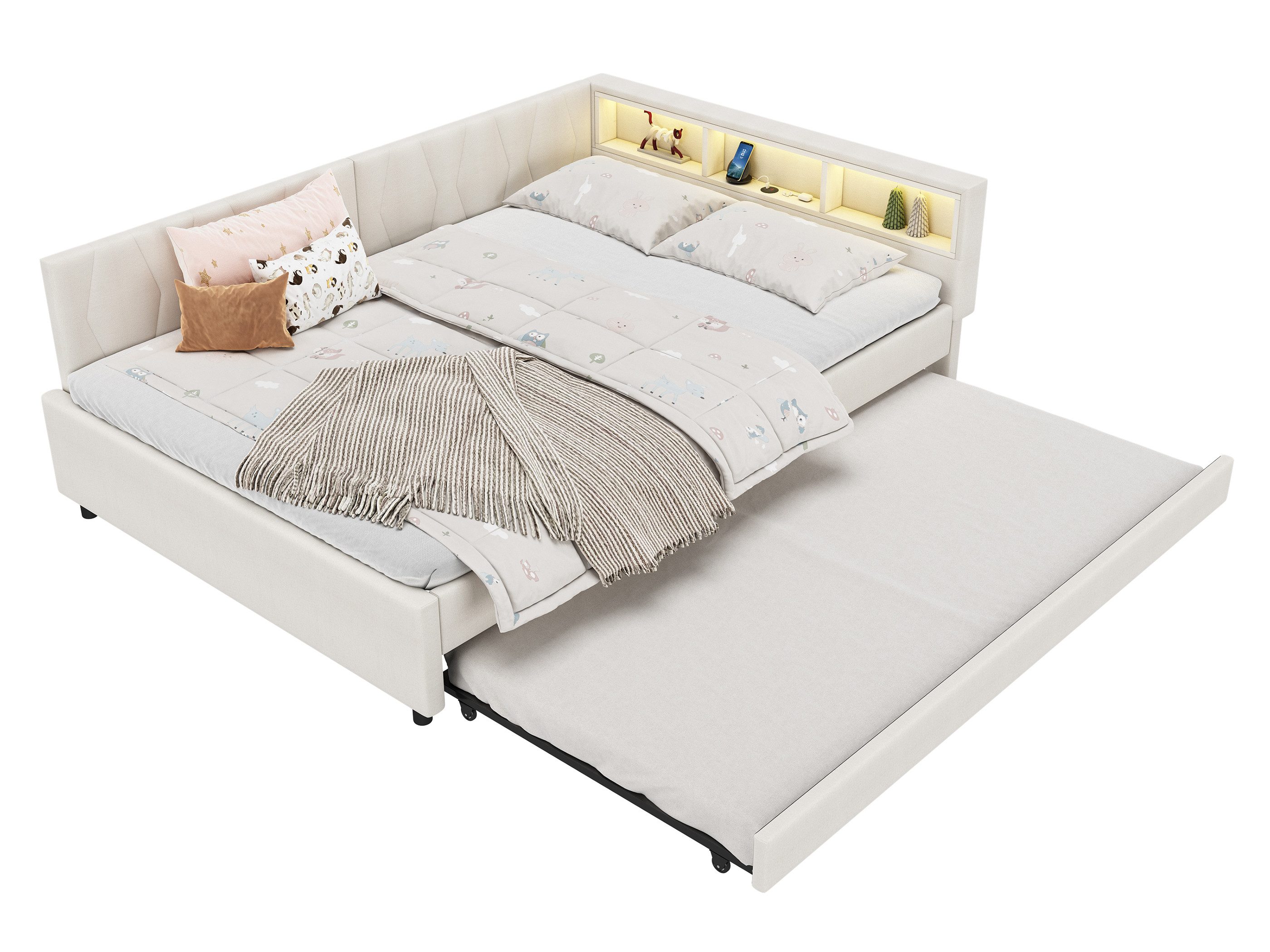 SeedWave Daybett Leinen Polsterbett Tagesbett mit Ausziehbett, USB & Type C Anschlüssen, Gästebett 140x200cm mit 3 Staufächern, LED-Beleuchtung am Kopfteil