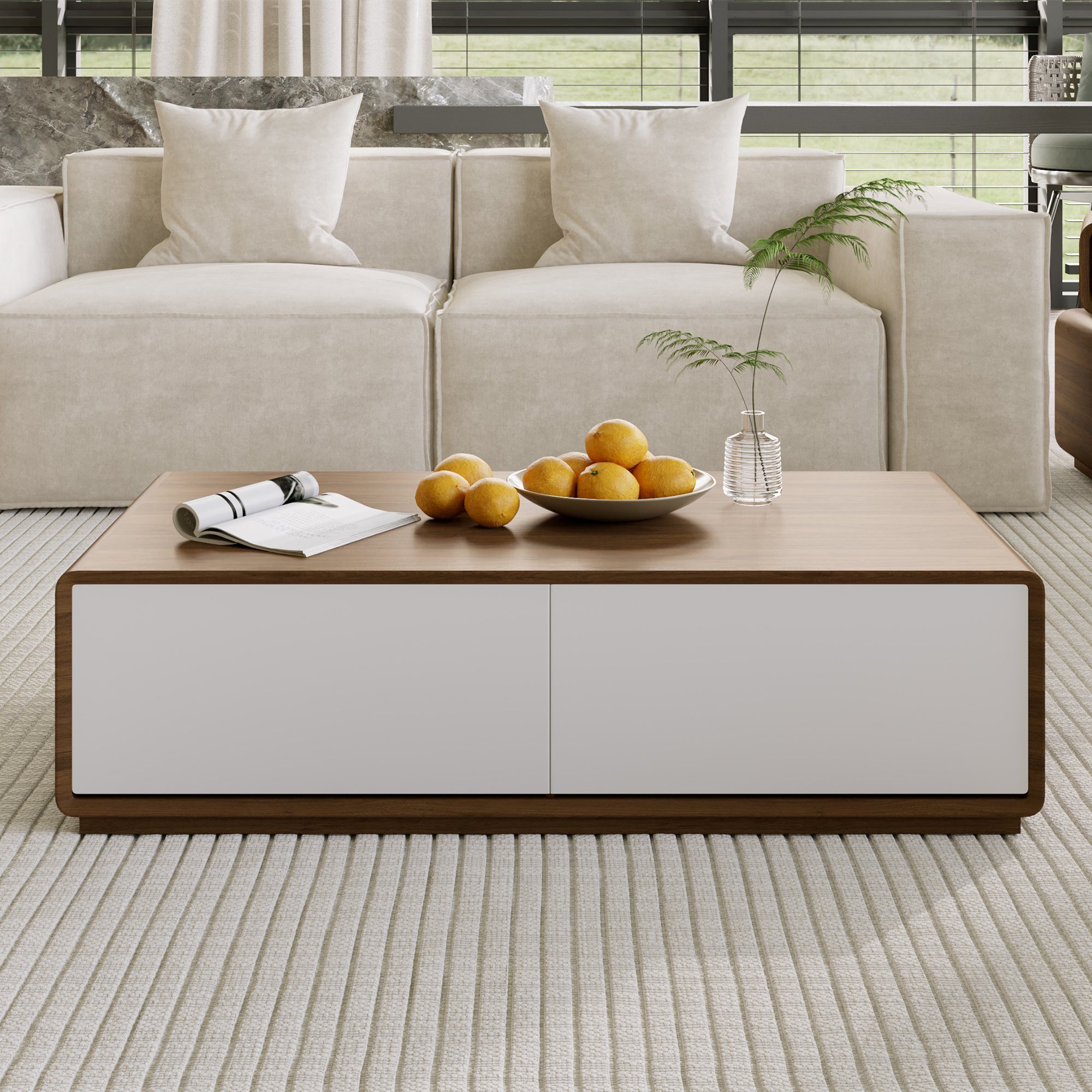 POVISON Couchtisch Mid-Century Modern aus Massivholz mit Eichenfurnier (1-St), Rechteckig 130x70x35 cm mit vier geräumigen Schubladen