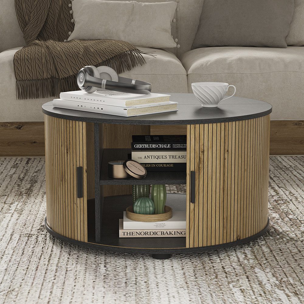 Vicco Couchtisch Selva, Eiche/Schwarz, 80 x 80 cm mit Schiebetür (1-St)