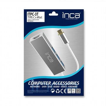 INCA USB-C HUB X4: USB 3.0, Ethernet RJ45 mit Strom- und Spannungsschutz Adapter