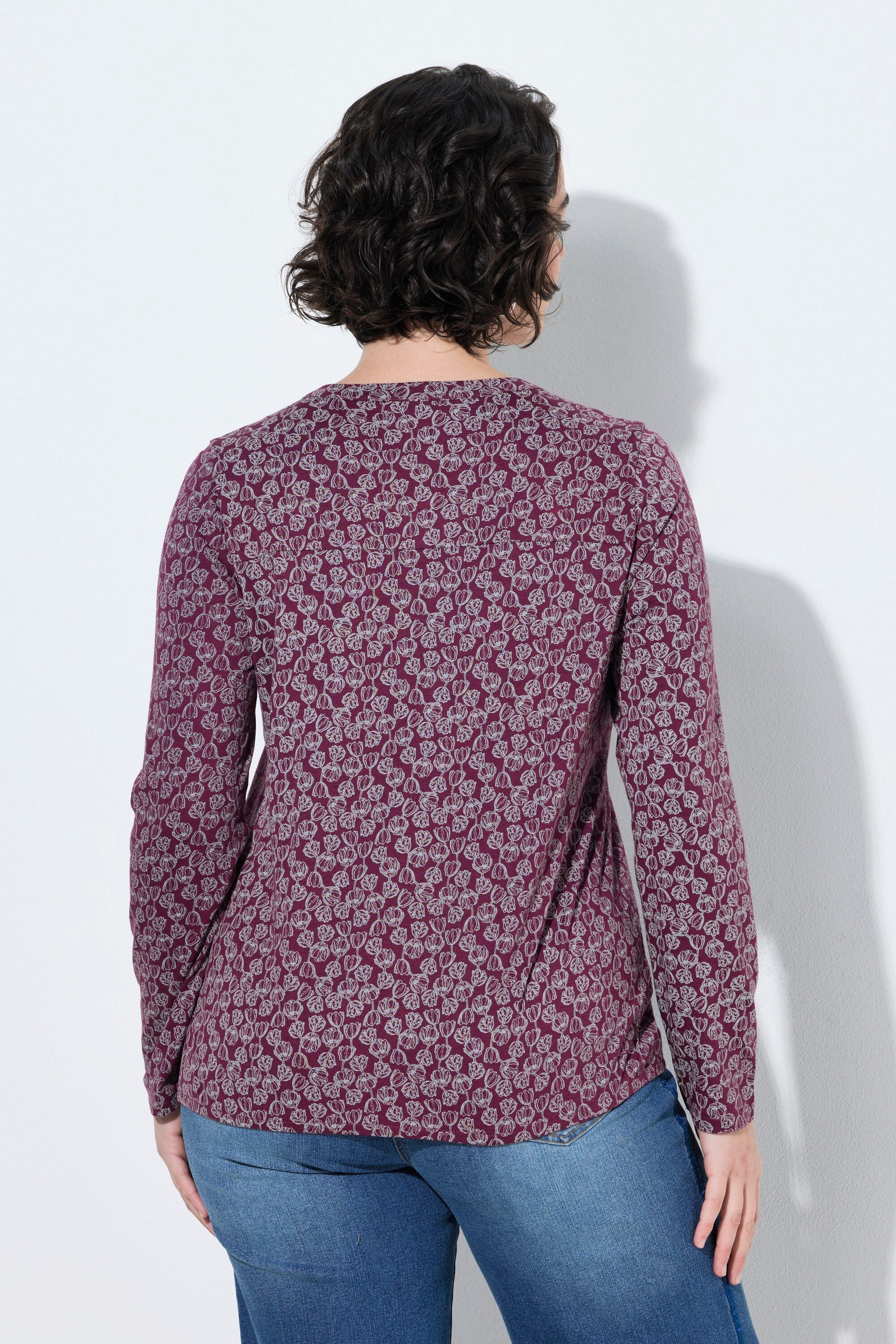 Ulla Popken T-Shirt Shirt Blüten Elastiksaum Rundhals Langarm