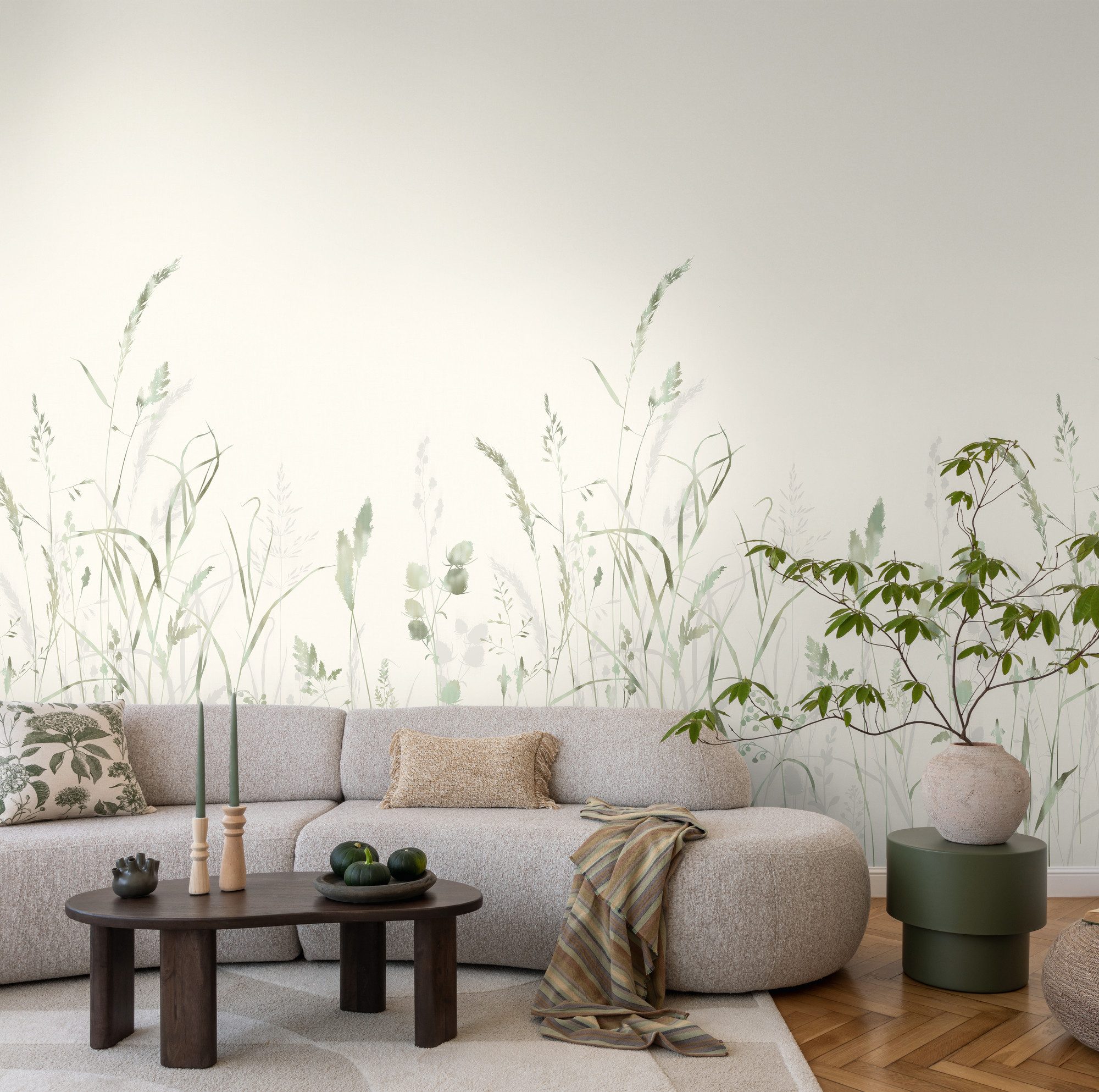 living walls Fototapete The Wall 4 Botanic – Filigrane Gräserwiese Vlies-Fototapete, leicht strukturiert, matt, naturalistisch, Motiv, (1 St), Filigrane Gräserwiese mit dekorativer Tiefenwirkung