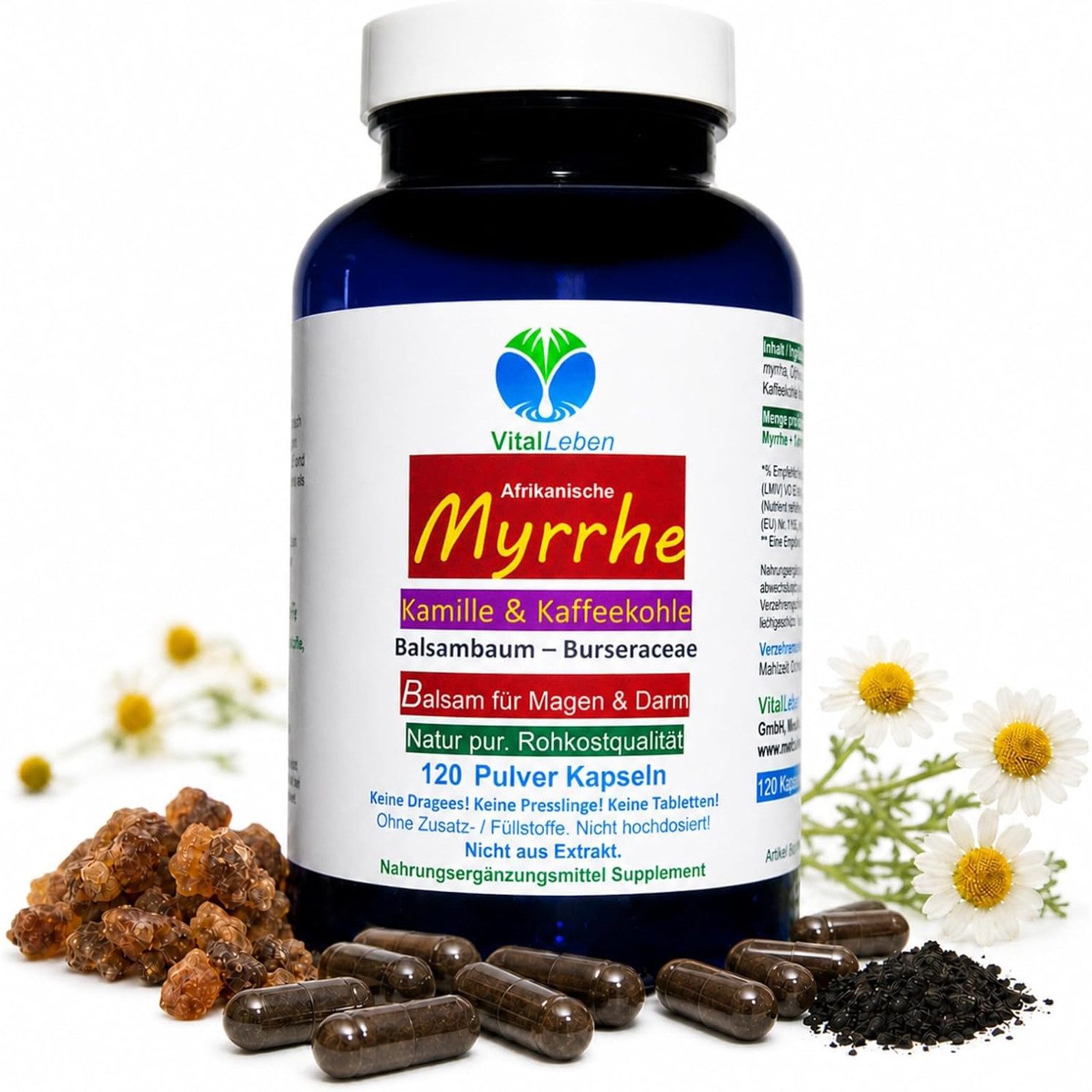 VitalLeben Myrrhe Kamille Kaffeekohle nach Hildergard v. Bingen ohne Zusatzstoffe Kapseln, 1 er Dose à 120 St., 60 g, Art. 27160-120