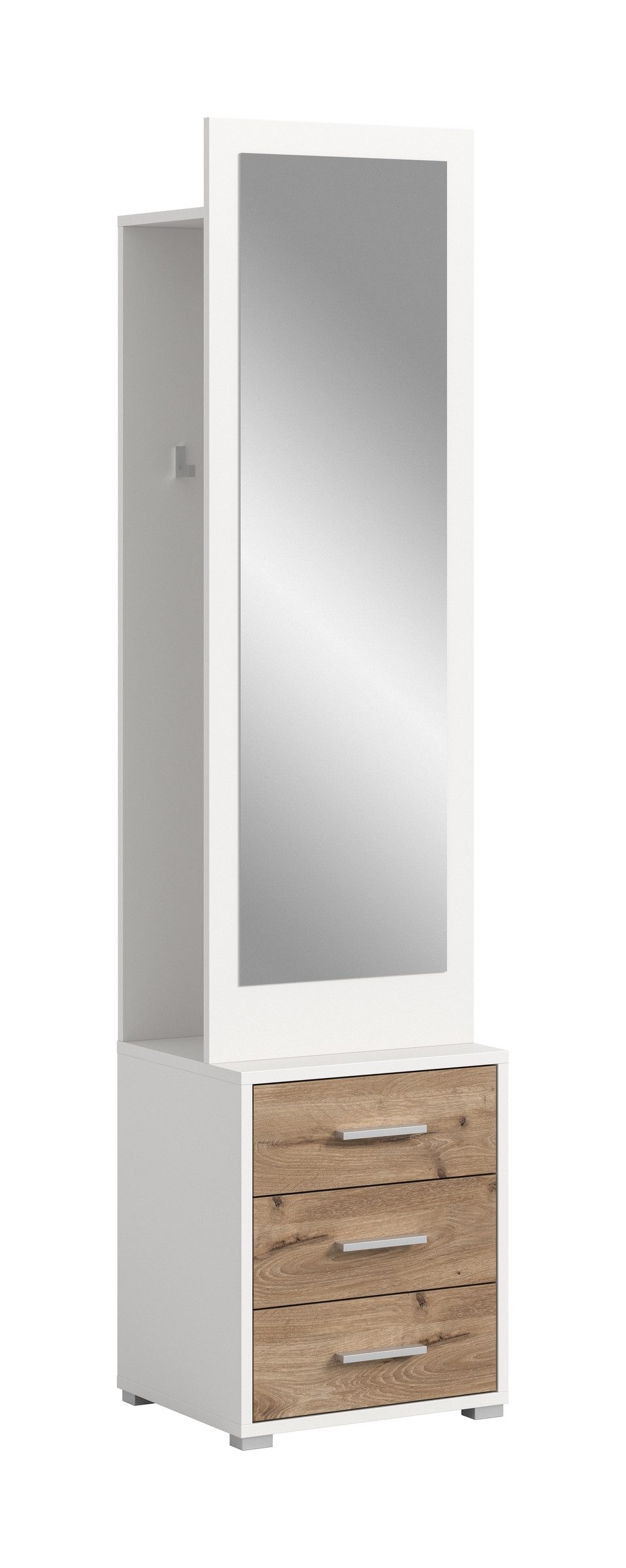 freiraum Kompaktgarderobe Polo 3 Schübe, weiß / nox oak / Spiegel - 45x190x38cm (BxHxT)
