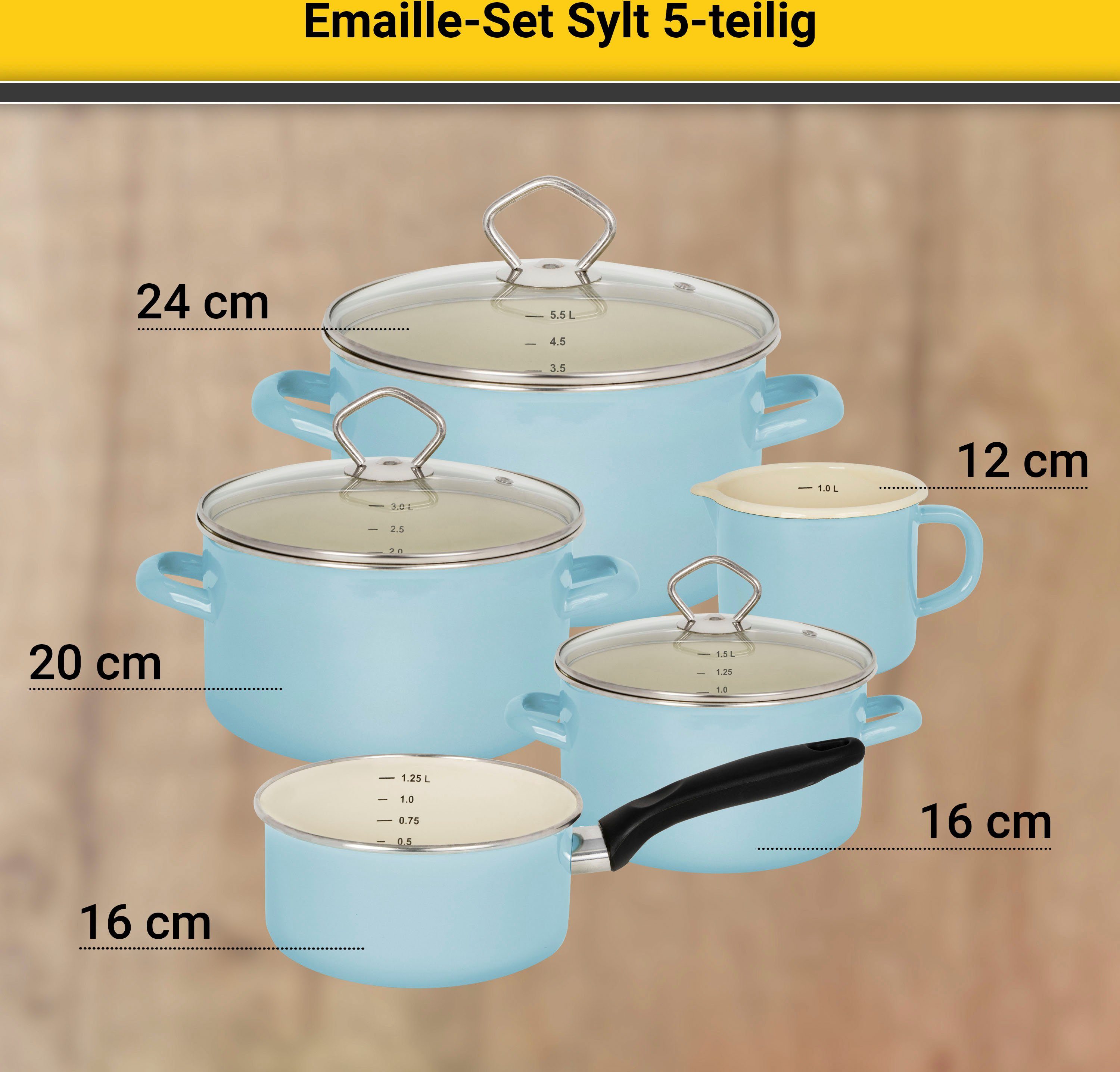 Krüger Topf-Set Sylt, Aluminiumguss, Emaille (Set, 8-tlg., Fleischtopf 16/20/24 cm, Milchtopf 12 cm, Stieltopf 16 cm), Induktion