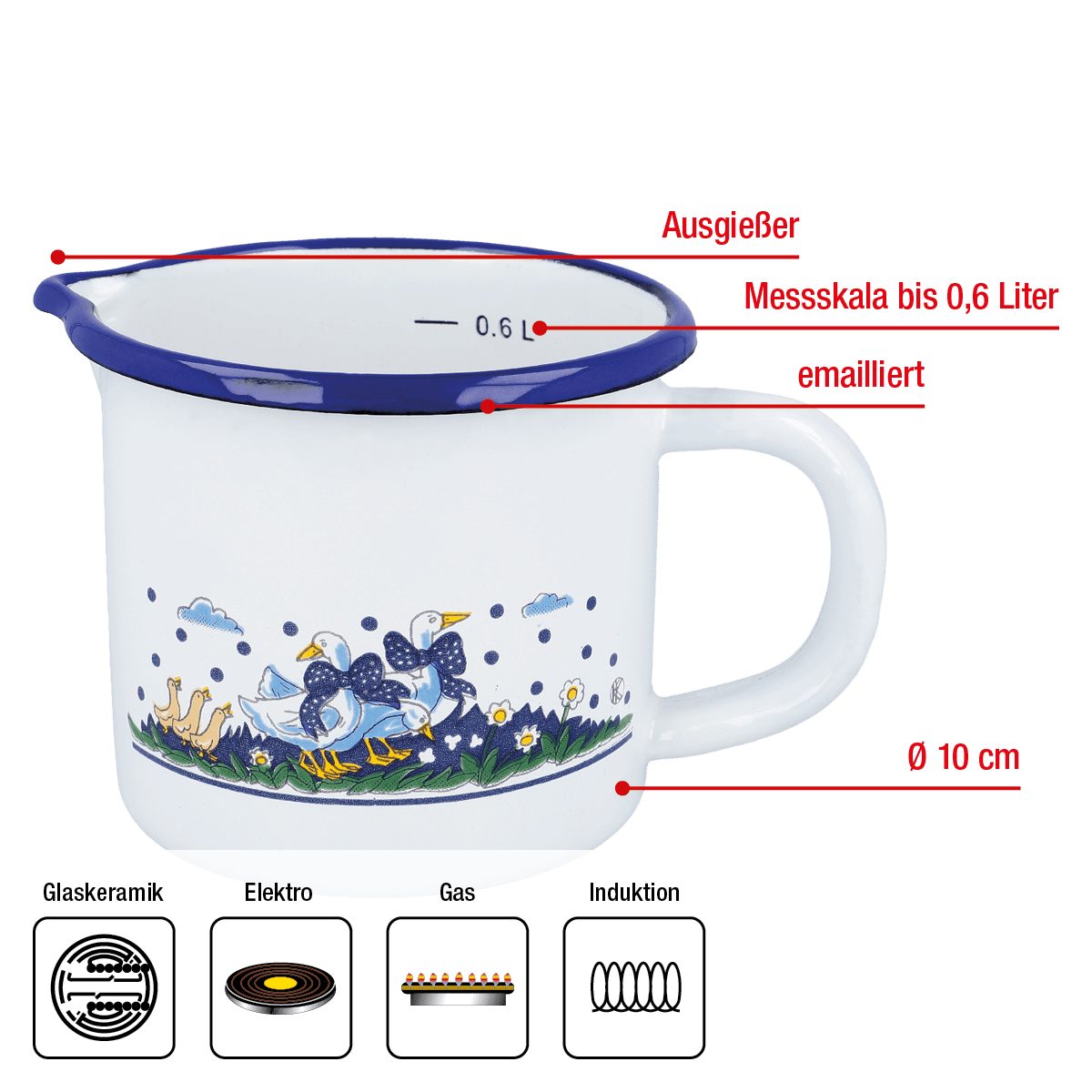 EUROHOME Milchtopf im Landhauslook Milchtopf emailliert mit Messskala 0,6l, Emaille (1-tlg., Milchtopf Ø10 cm), Milchtopf mit Ausgießer - Milchtopf Induktion