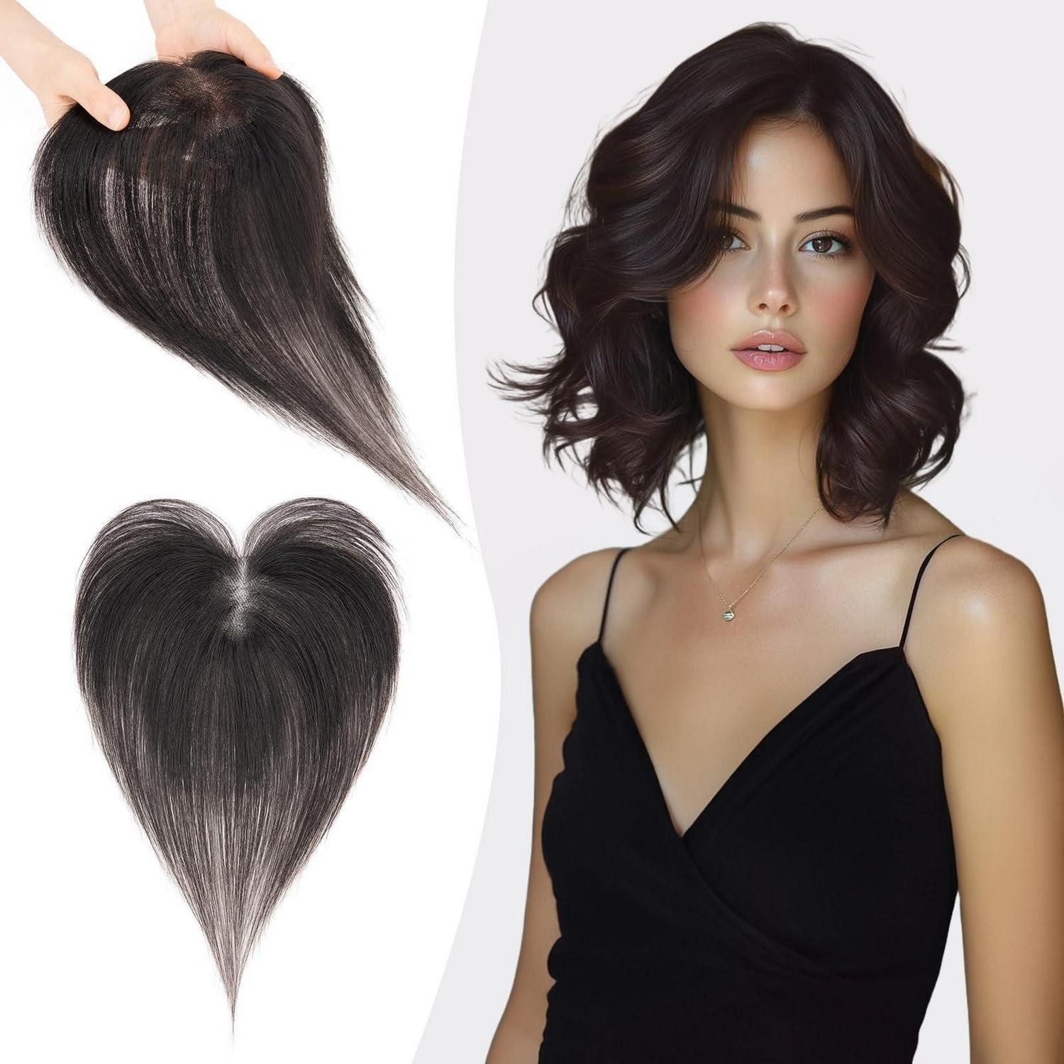 LuxusKollektion Toupet Toupets Echthaar Frauen Haar 27cm (Seitenpony) #1B Natürliches Schwarz