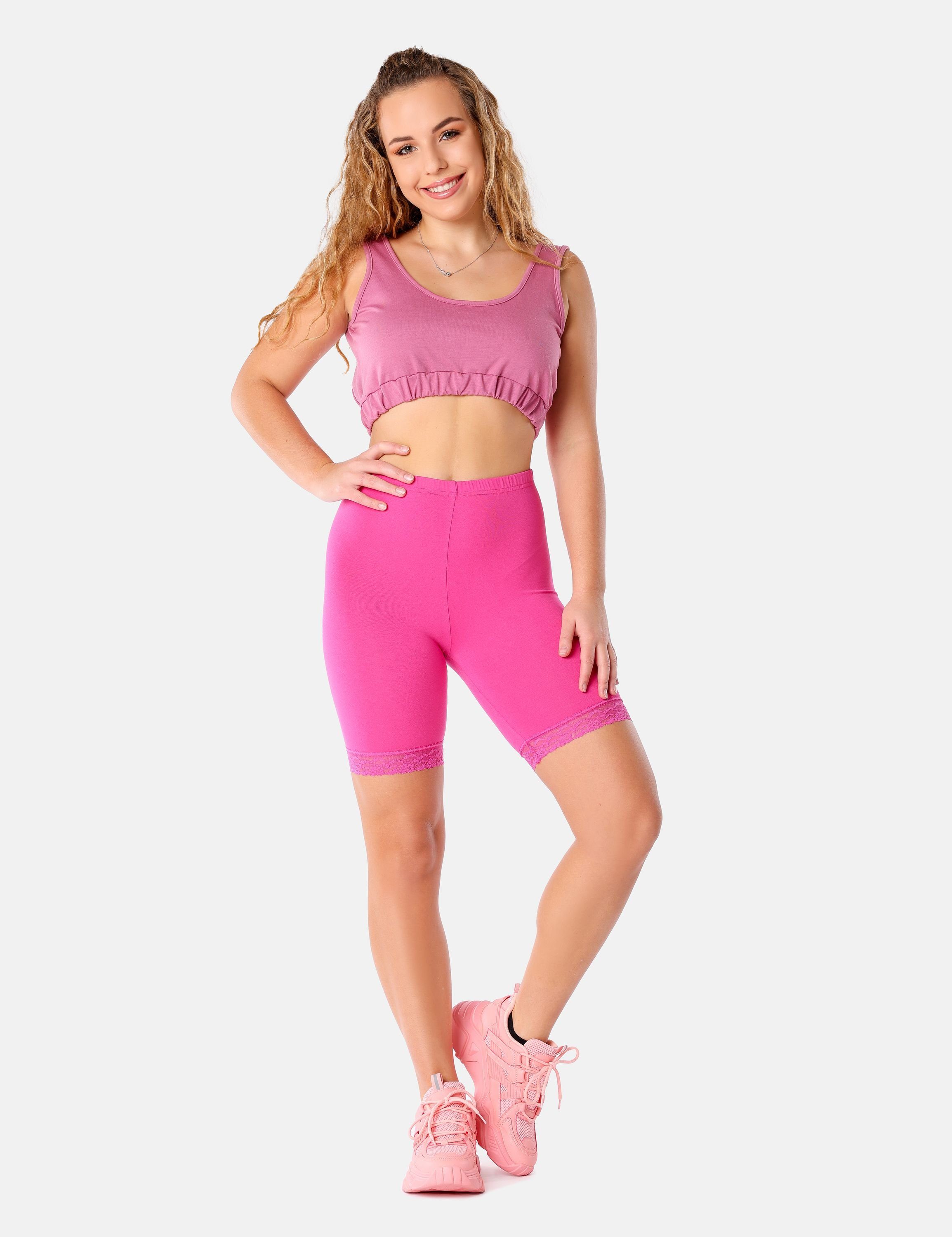 Rosa Leggings Bund Radlerhose Freizeit kurze High (1-tlg) Waist elastischer Merry MS10-431 Spitze Leggings Damen Style