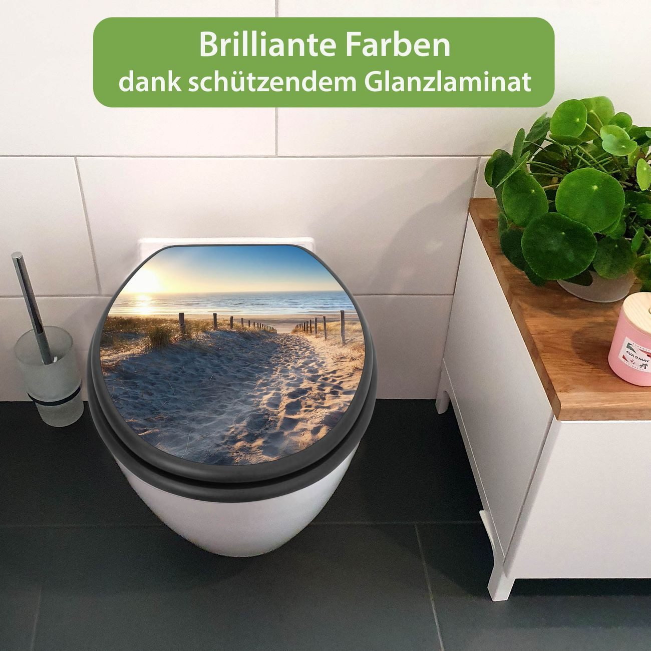 banjado WC-Sitz Anthrazit mit Absenkautomatik Motiv Nordseestrand (umweltfreundliches Material, integrierte Absenkautomatik), 46,5 x 38 x 5 cm