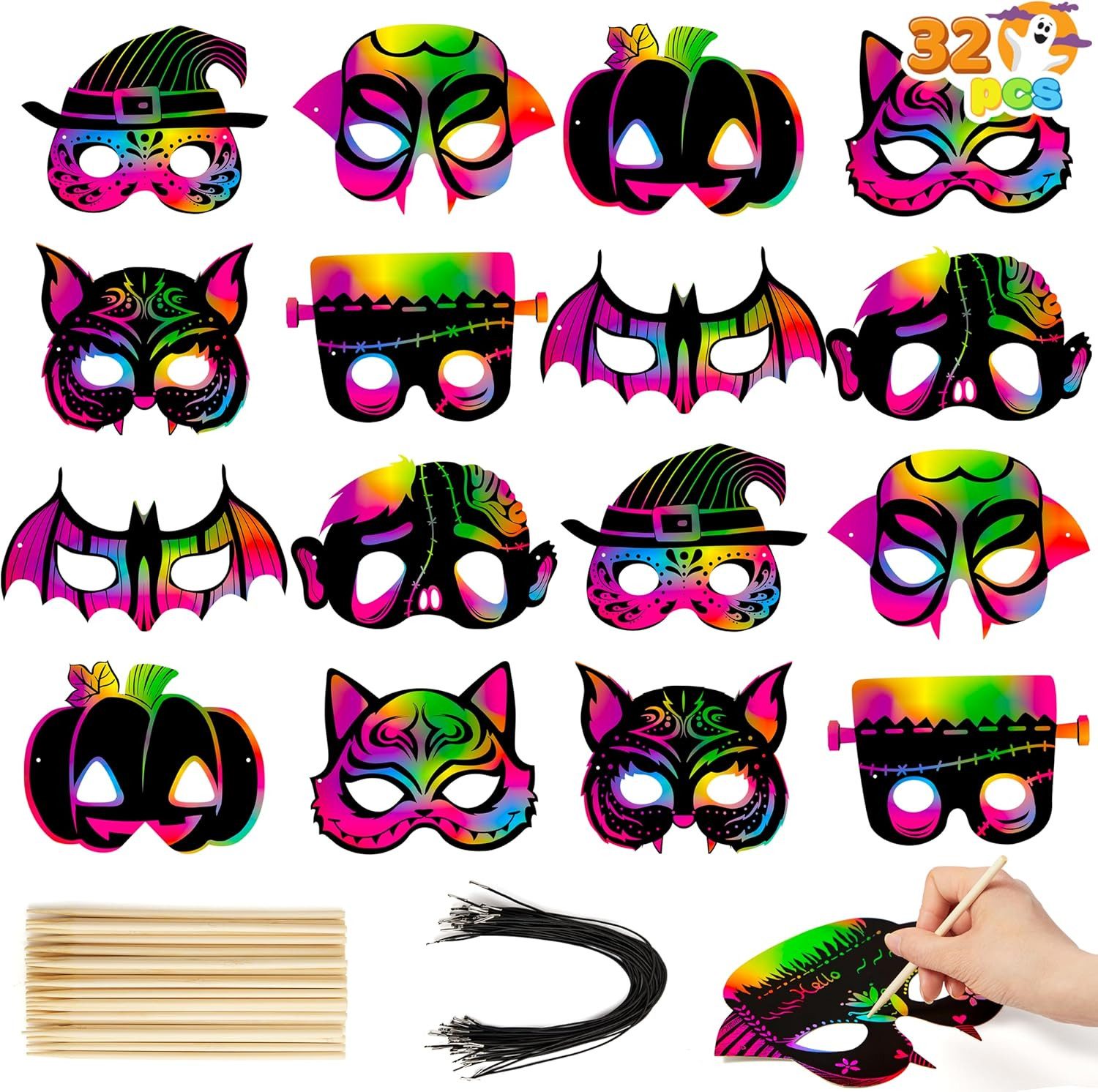 JOYIN Verkleidungsmaske JOYIN Halloween Kratzmasken, 32 Stk., 8 Designs, Partyzubehör