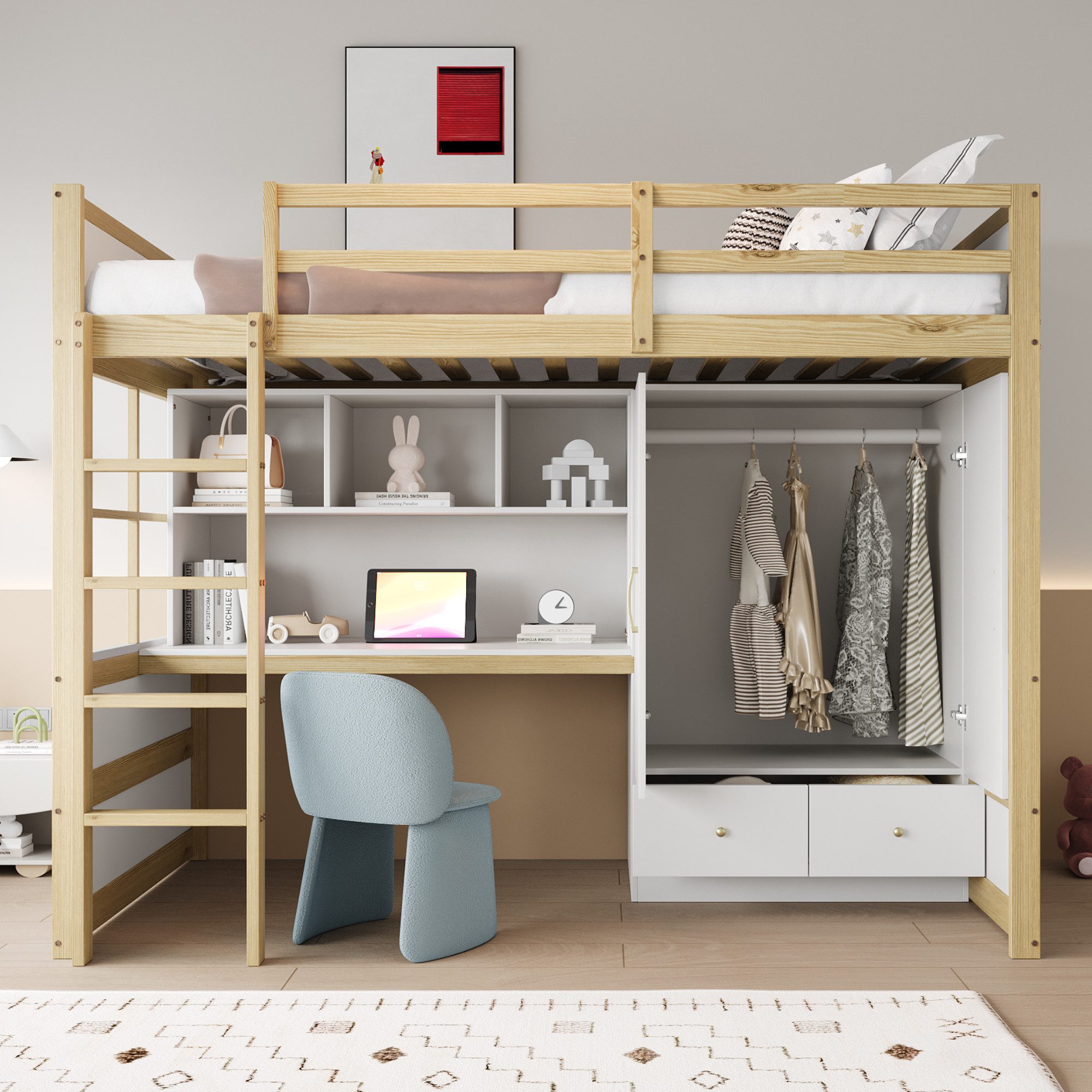 Flieks Hochbett Kinderbett 90x200cm mit Schreibtisch, günstig online kaufen