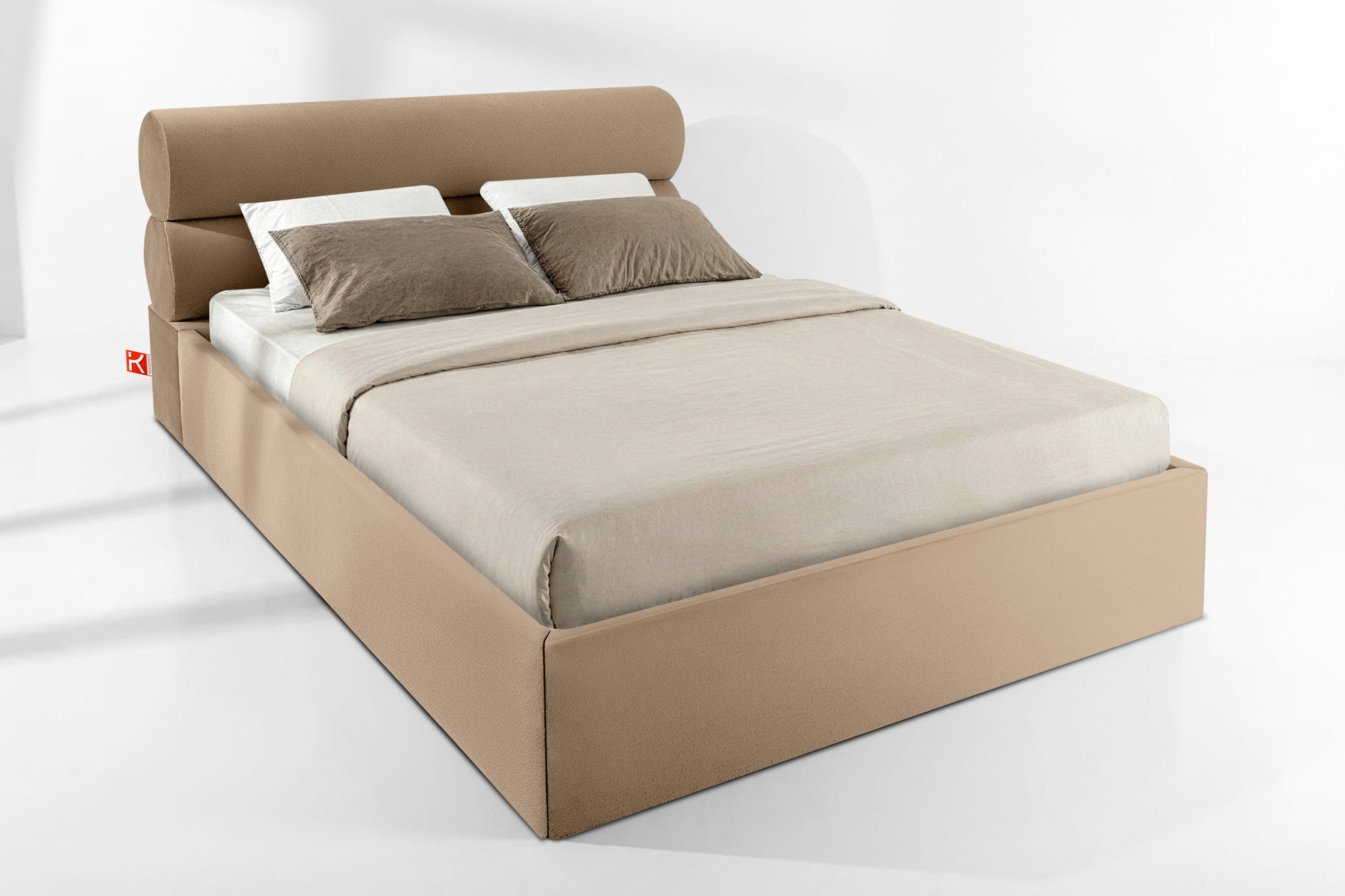 KONSIMO® Polsterbett LUNEO Doppelbett, mit Stauraum, Japandi-Stil, hergestellt in der EU (160 cm x 200 cm), Veloursstoff, Massivholzrahmen, Kopfstütze aus runden Rollen