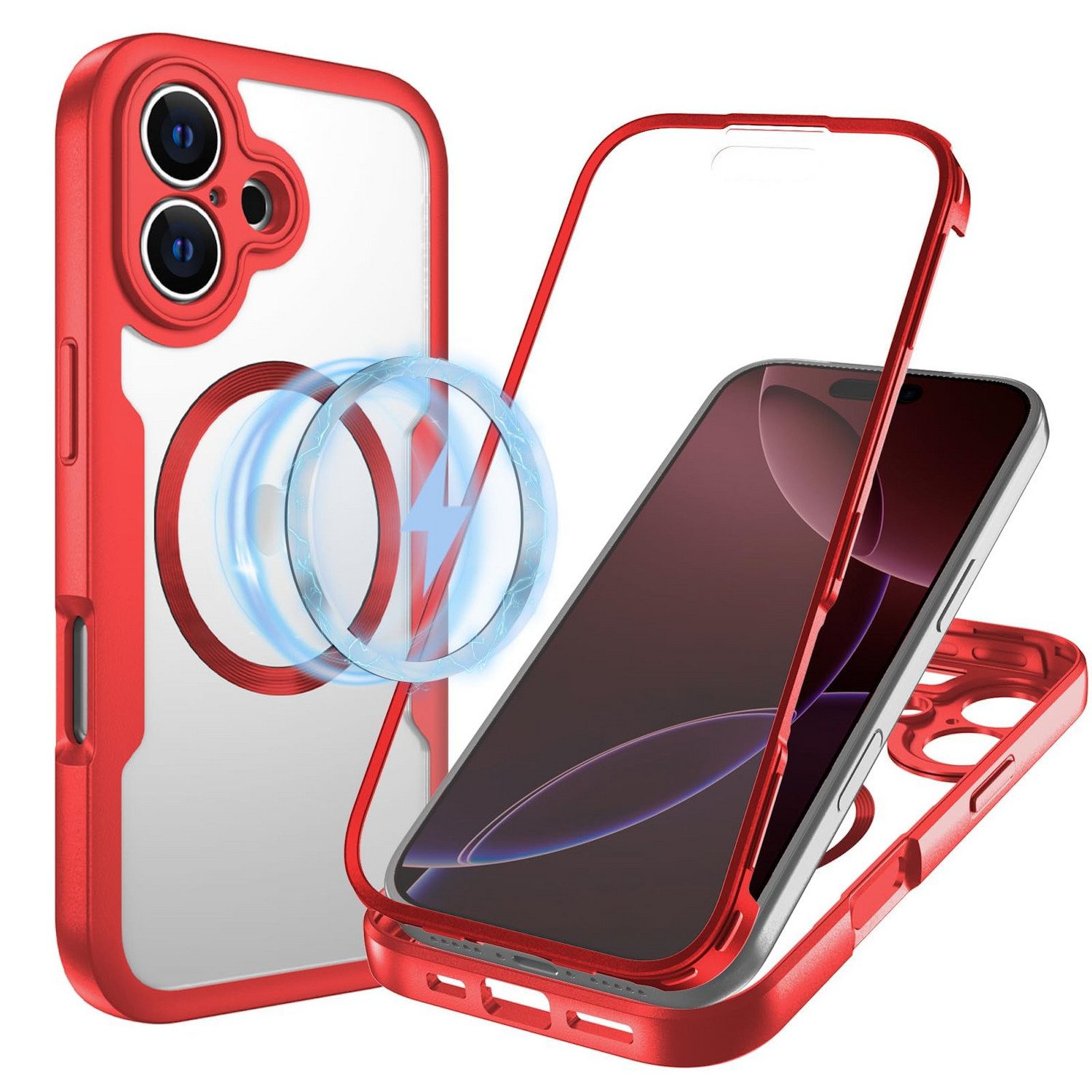 Wigento Handyhülle Für Apple iPhone 17 MagSafe Ring Full Body 360 Grad TPU Hülle Rot, MagSafe 360 Grad Schutz Schutz Hülle