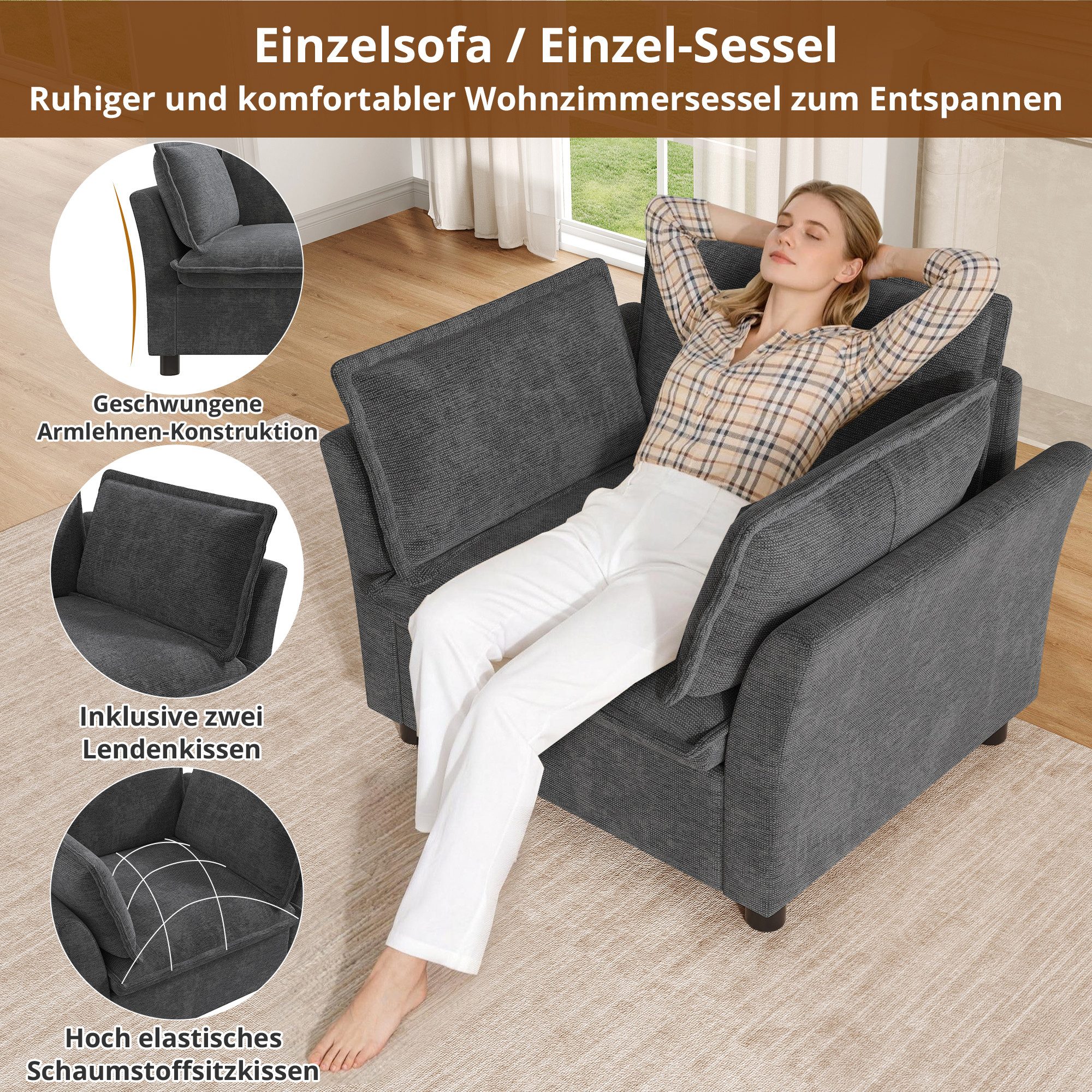Merax Sessel moderner Relaxsessel aus Chenille (90×81×87 cm, 1-St), Einzel-Sessel mit Armlehnen & Kissen, Lounge- & Lesesessel