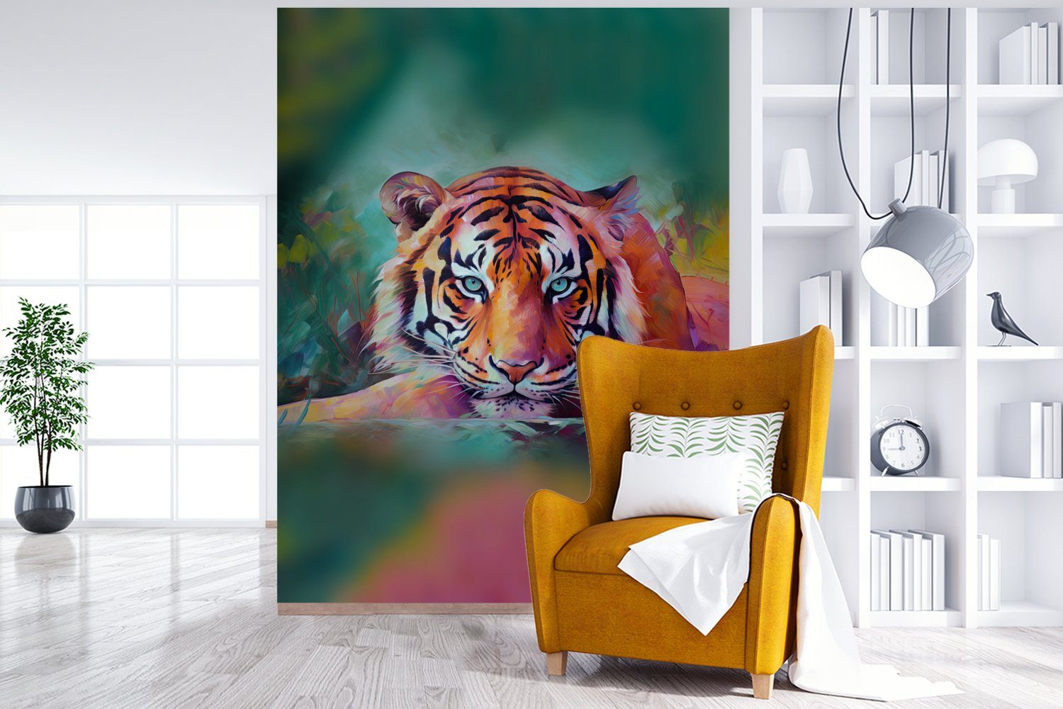Tiger Wandtapete Kunst, Ölfarbe Tapete - für bedruckt, St), (4 Vinyl Fototapete Montagefertig - Matt, Wohnzimmer, MuchoWow - Tiere