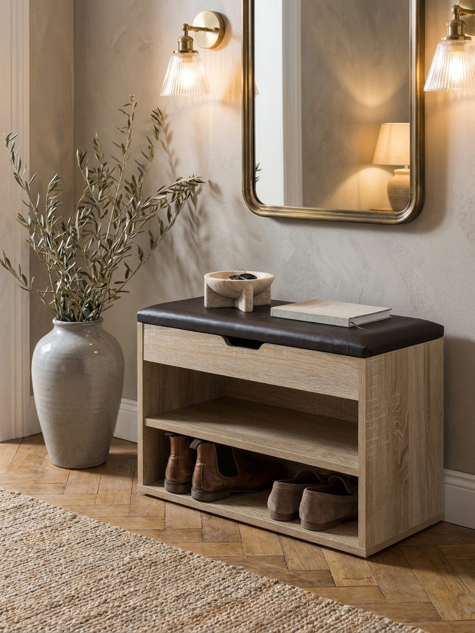 KADIMA DESIGN Schuhschrank Schuhbank mit Sitzfläche Sonoma Garderoben-Bank Holz 60 x 40 x 30 cm, (Truhenbank Schuhtruhe Flurmöbel) Holzbank klein gepolstert, Sitzbank schmal Flur mit Stauraum