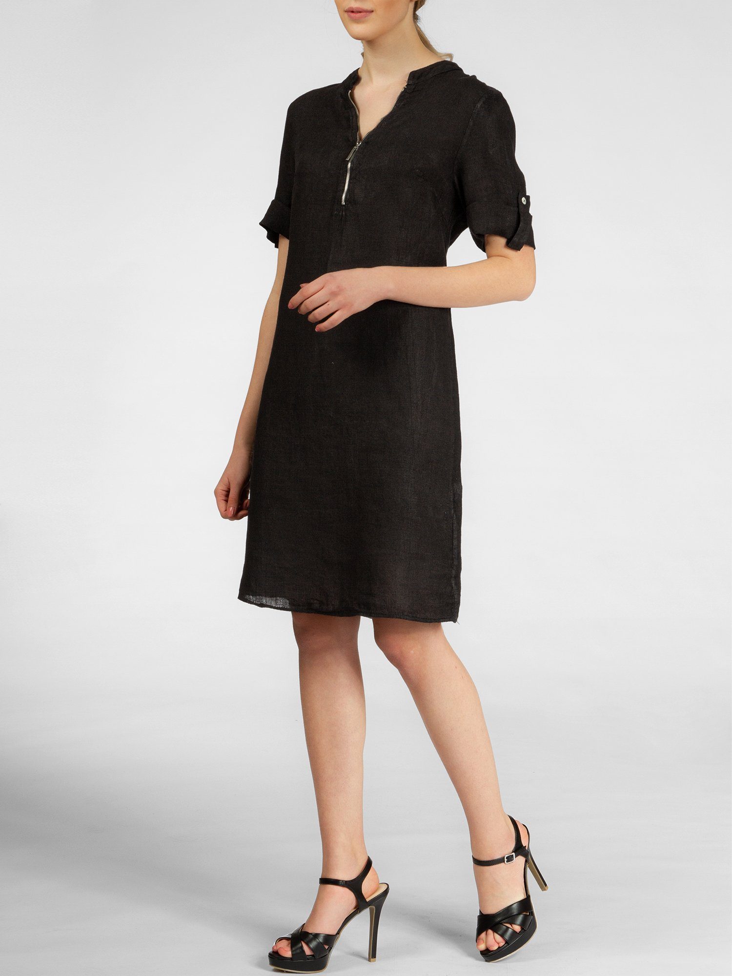 Caspar Sommerkleid SKL037 knielanges Damen Leinenkleid mit Reißverschluss Ausschnitt Luftig leicht, figurumspielende Form, mit seitlichem Jersey-Einsatz