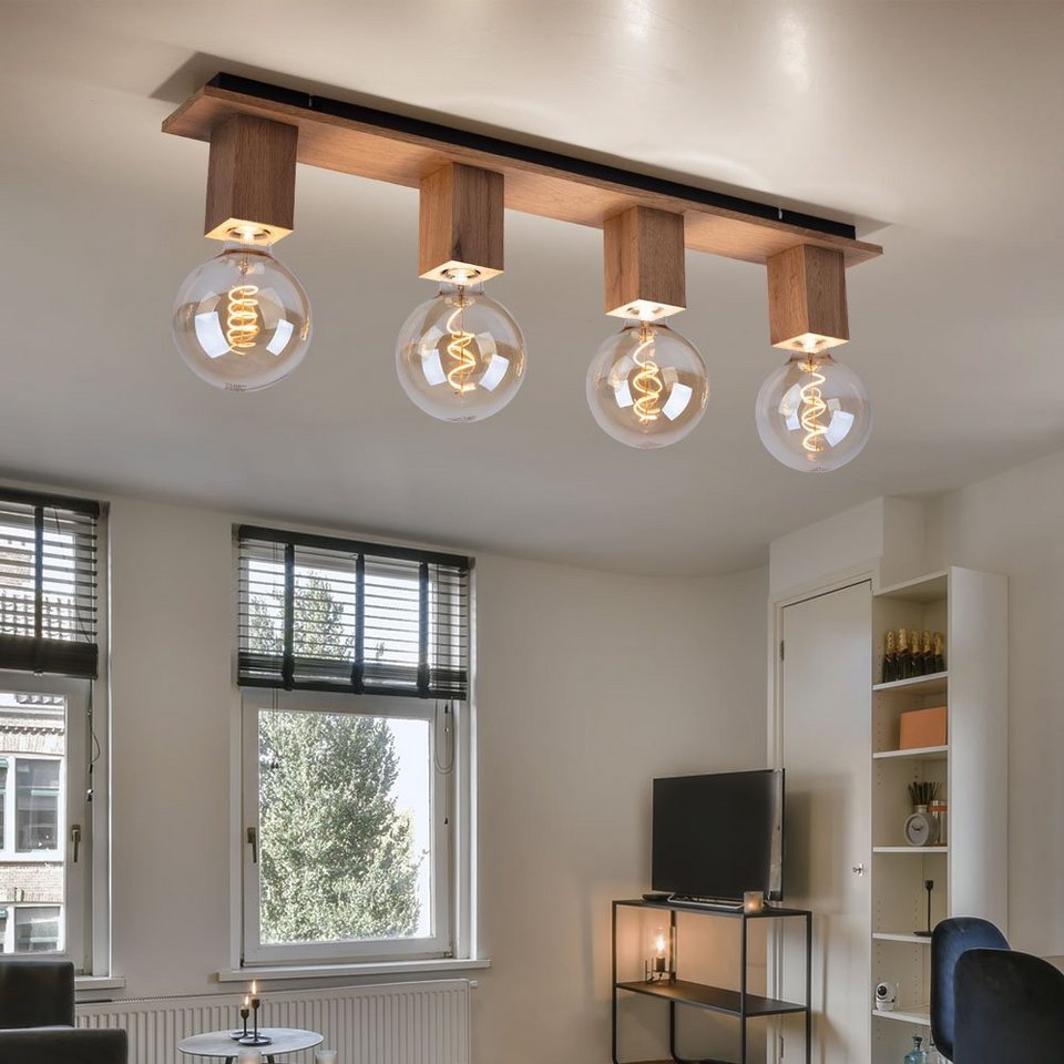 etc-shop Deckenstrahler, Leuchtmittel nicht inklusive, Deckenleuchte  Wohnzimmerlampe 4 Flammig Metall schwarz Holz L 80 cm