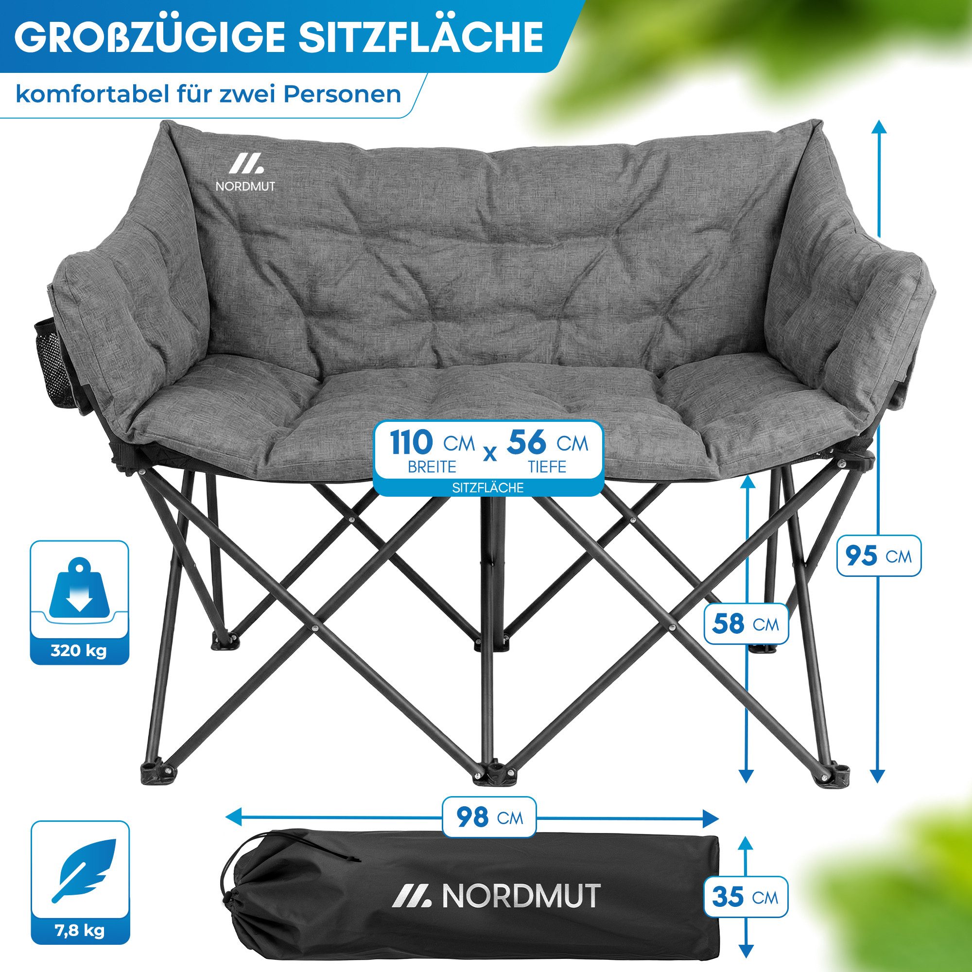 Nordmut Campingstuhl Campingsofa Klappbar 2 Personen 360 kg gepolstert mit Tragetasche (bis 360 kg belastbar mit Stahl Aluminium Rahmen), wetterfest klappbar mit Tragetasche & Seitentaschen