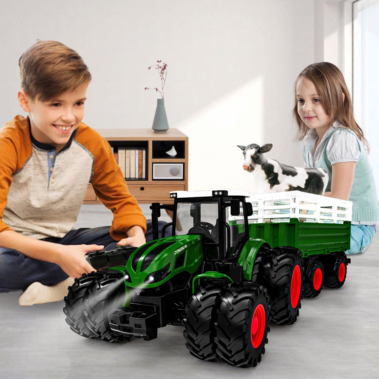 Esun RC-Traktor Ferngesteuerter Traktor mit Anhänger, Traktor Spielzeug ab 3 4 5 Jahre (Komplettset), Traktor Ferngesteuert Ackerschlepper mit Licht und Sound