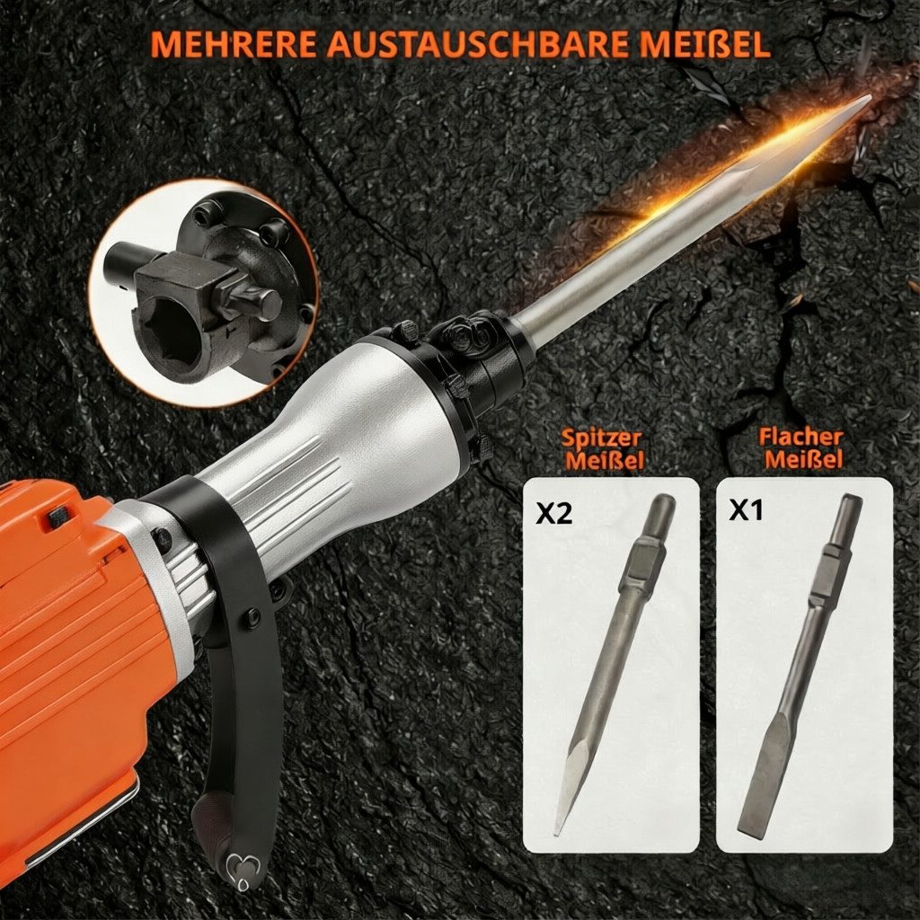 GarveeMore Abbruchhammer Aluminium-Kupfer-Motor, für Beton, Stein, Ziegel, Fliesen, 1700 in W, mit 3 Meißeln, 1400 U/min, 19J Schlagenergie, orange
