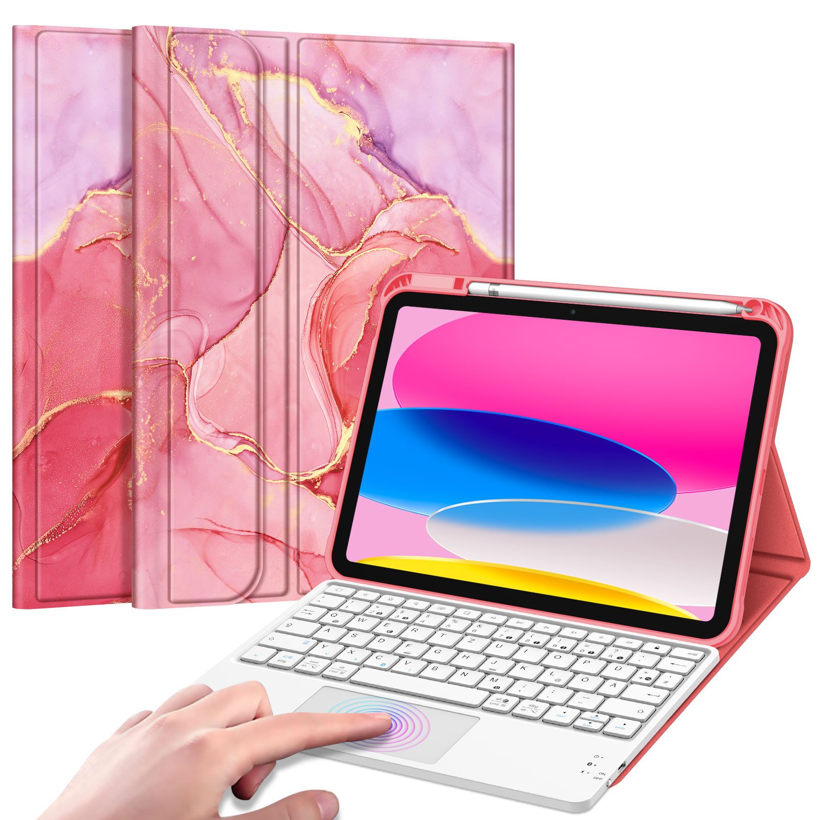 Fintie Tablet-Hülle für iPad 11. Generation 2025 11"(A16), iPad 10. Generation 2022 10.9", mit magnetischer Abnehmbarer Deutscher Touchpad Tastatur-QWERTZ Layout