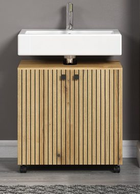 Furn.Design Waschbeckenunterschrank Bliss (Badschrank in Evoke Eiche mit schwarz, 60 cm) auf Rollen, Staboptik