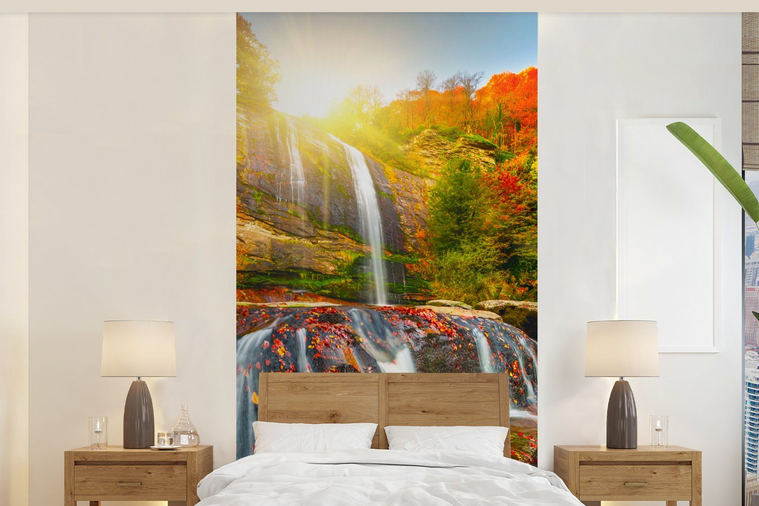 MuchoWow Fototapete Wasserfall - Natur - Herbst - Rot - Wasser, Matt, bedruckt, (2 St), Vliestapete für Wohnzimmer Schlafzimmer Küche, Fototapete