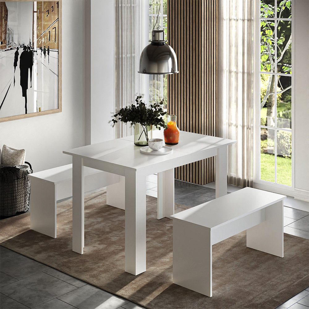 Vicco Essgruppe Sentio, Weiß, 110 x 70 cm mit 2 Bänken, (Set, 3-tlg., 3-er Set), platzsparend, Esstisch mit Stühlen