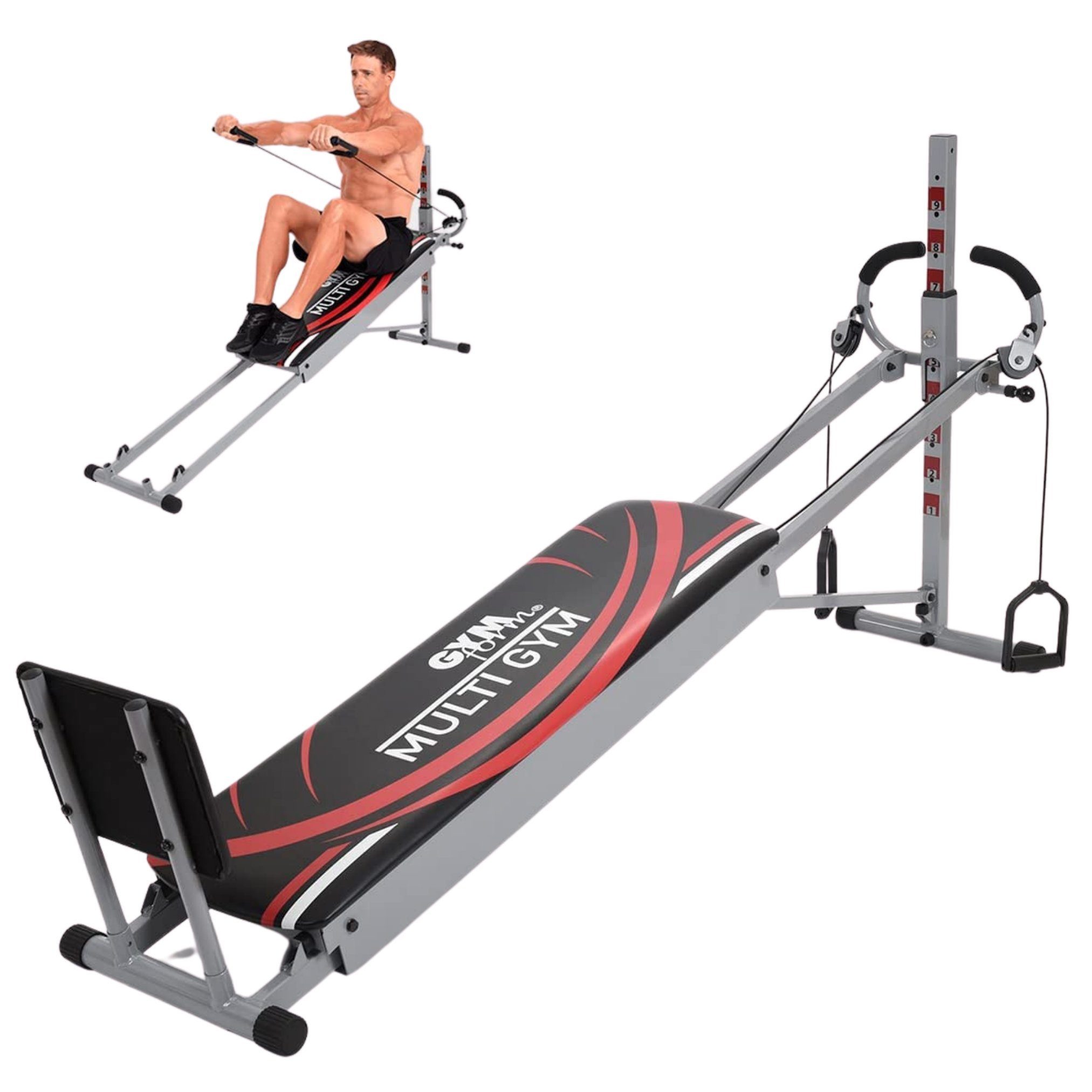 mit Bank mit Fitness Gymform® Beinzubehör, kürzester (7-tlg., Heimtrainer in Kraftstation, Multigym Ganzkörpertraining Seilzug), Zeit,