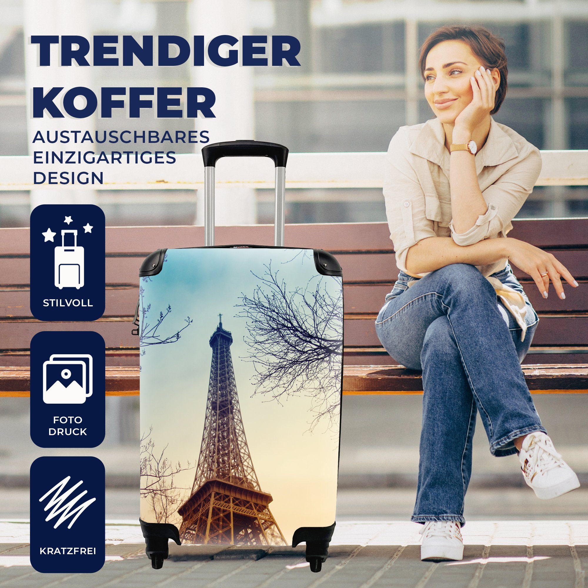 MuchoWow Handgepäckkoffer Der Eiffelturm in Rollen, Trolley, Kombination und für mit 4 einer Ferien, kahlen Reisetasche tief, mit Handgepäck Reisekoffer rollen, Herbstzweigen