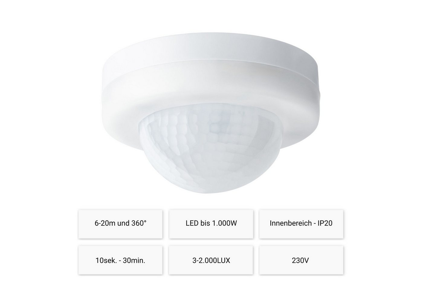 Thumbnail - SEBSON Bewegungsmelder Infrarot Sensor Aufputz Decken Montage 360° Reichweite 20m IP20, (1-St), 360° Erfassung, Programm...