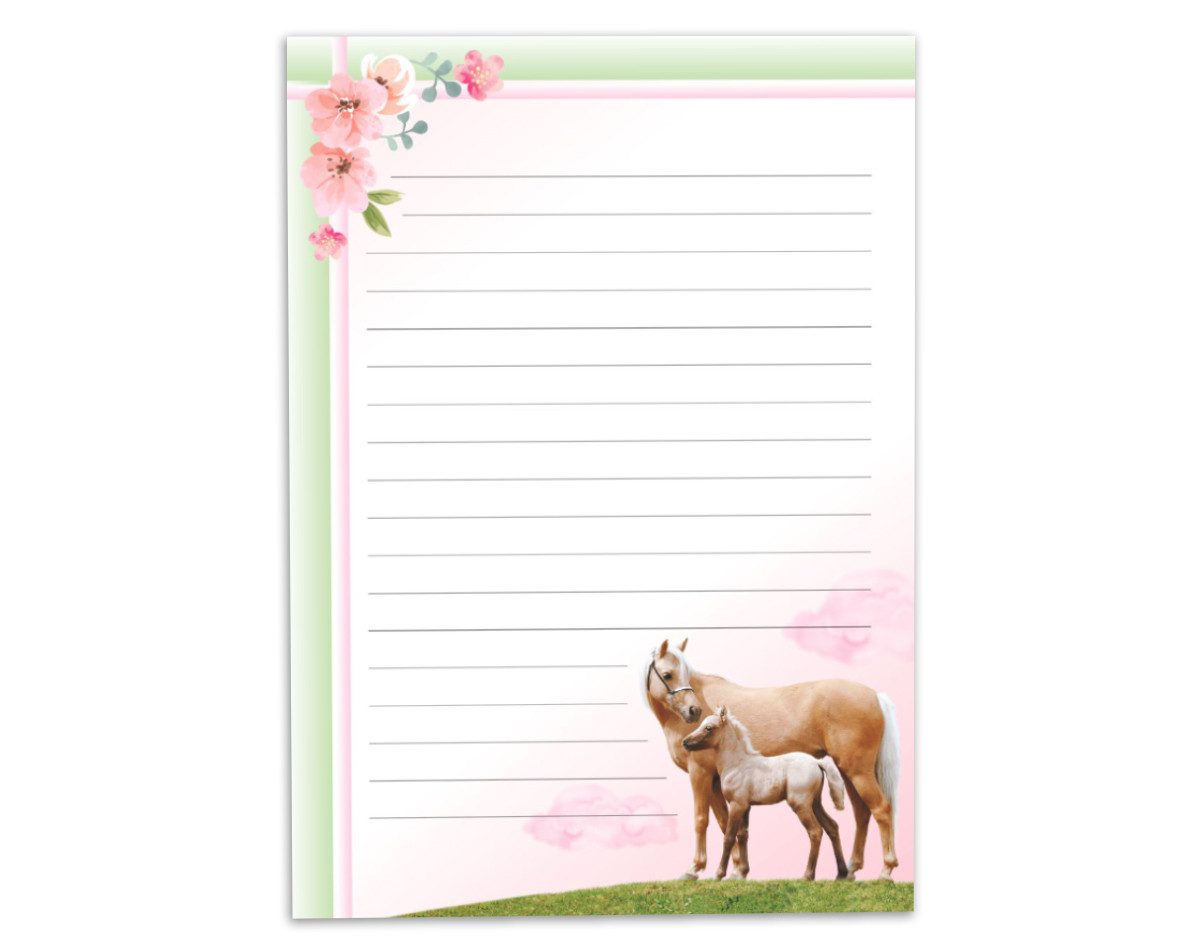 JUNAPACK Briefpapier Set Kinder Briefblock A5 mit Umschlägen Notizblock Papier Pferd rosa, Kinder-Briefpapier A5 mit 15 Umschlägen, liniert & leicht beschreibbar