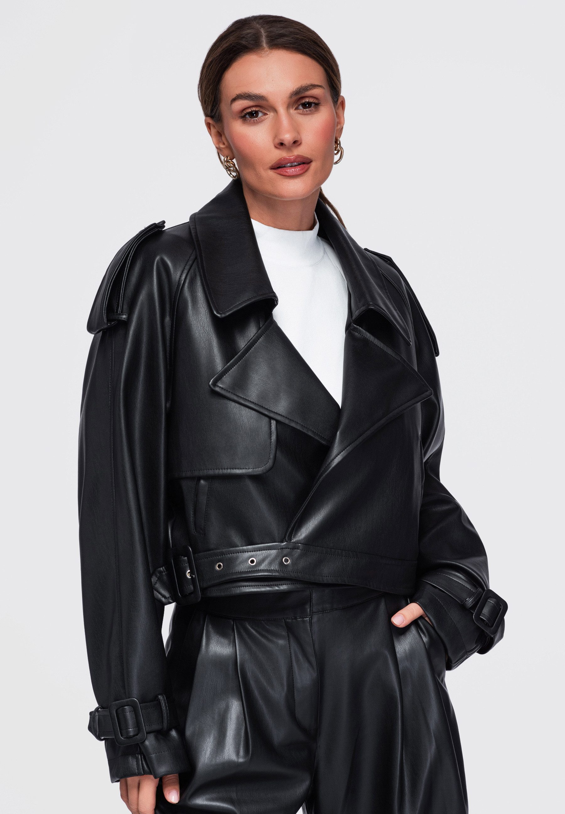 OMBRE Lederimitatjacke Damen Lederimitatjacke mit breiten Klappen und Gürtel Schwarz ONESIZE (kein Set, 1-St) in Unifarbe