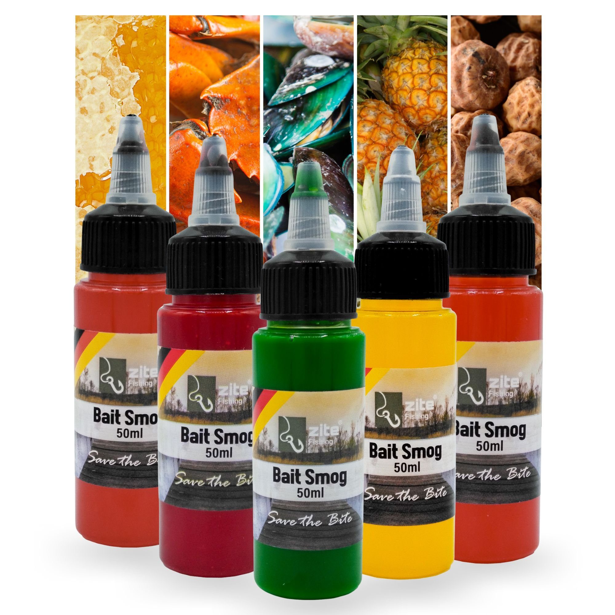 Zite Fischlockstoff Bait Smog Set - 5x50ml Lockmittel für Karpfenköder - 5 Aromen