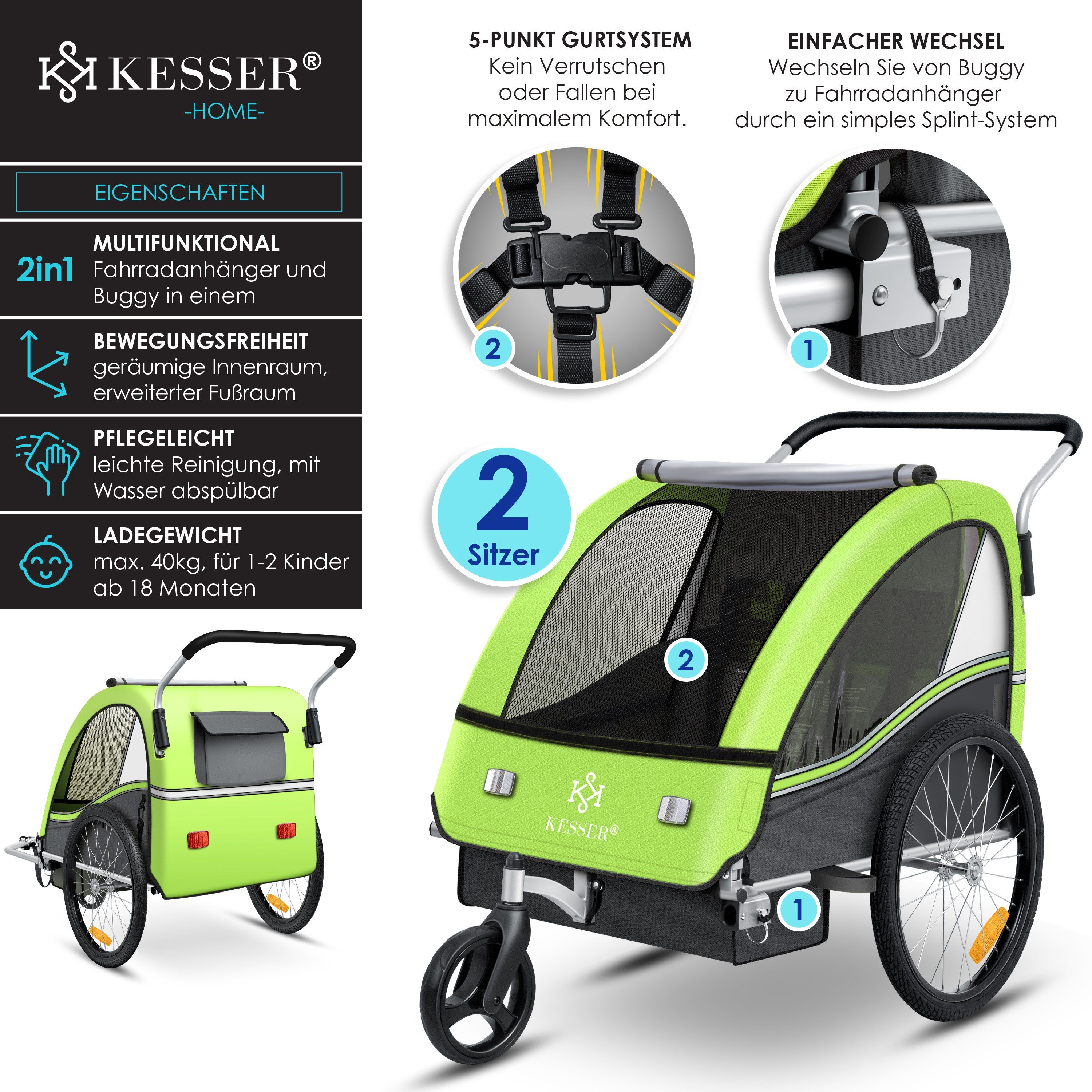 KESSER Fahrradkinderanhänger, Kinderanhänger Fahrradanhänger Sport-RX in Joggerfunktion