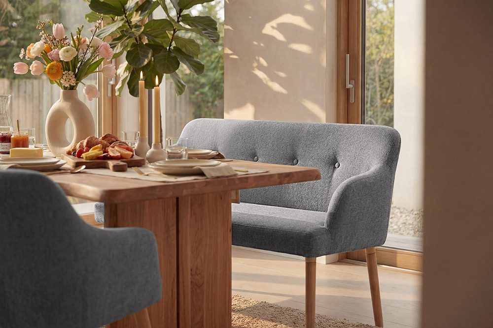 riess-ambiente Polsterbank SCANDINAVIA MEISTERSTÜCK 115cm grau/natur - Massivholz, mit Armlehne (Einzelartikel, 1-St), Nordische Sitzbank - ideal für Esstisch, Küche oder Wohnbereich