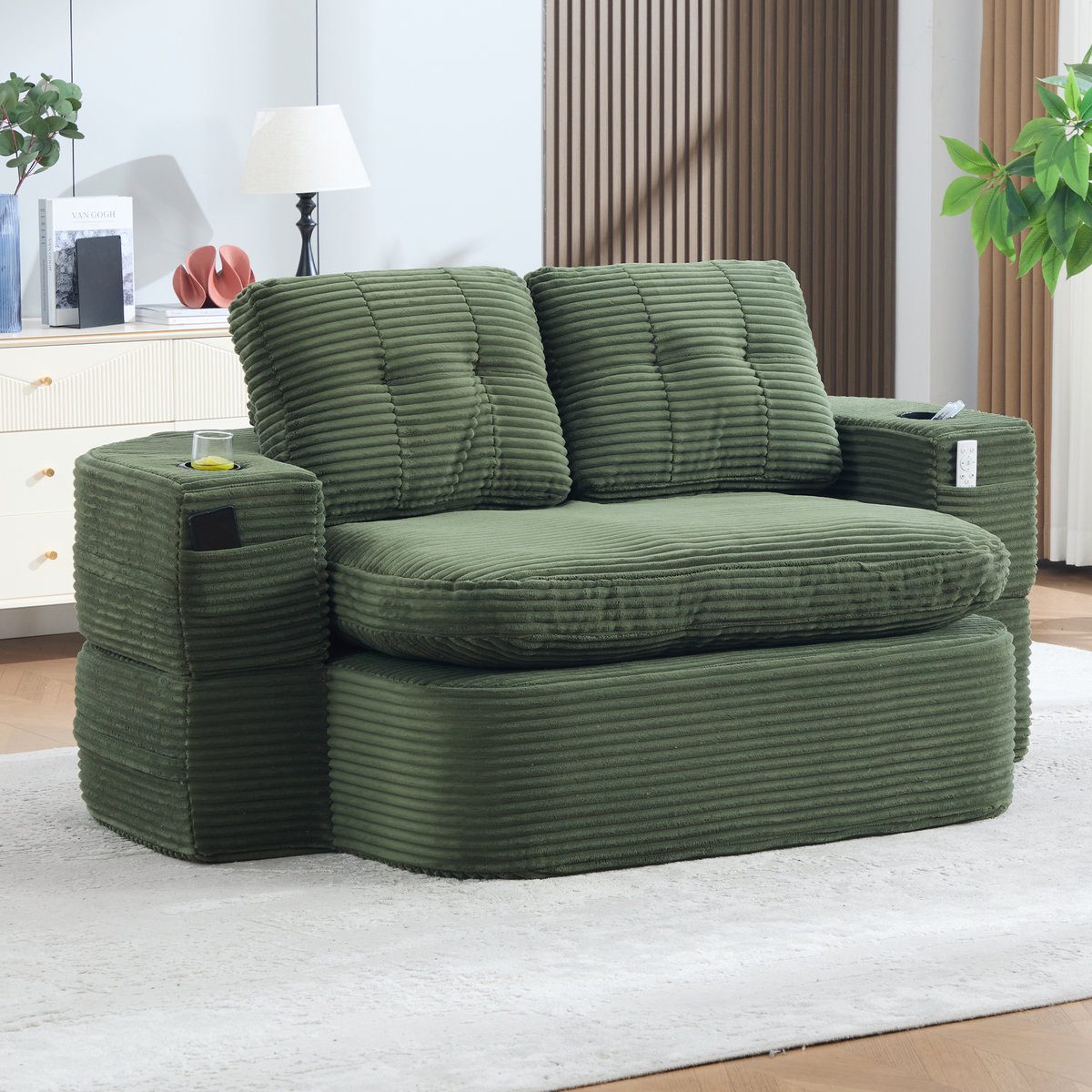 Odikalo Sessel 2-in-1 Schlafsessel mit bettfunktion ausziehbar (Cord, Schlafsofa mit Liegefunktion, Komprimiertes Bodensofa mit Verstellbaren Armlehnen, 2 Getränkehaltern, Hoher Rückenlehne und Extra Tiefer Sitzfläche)
