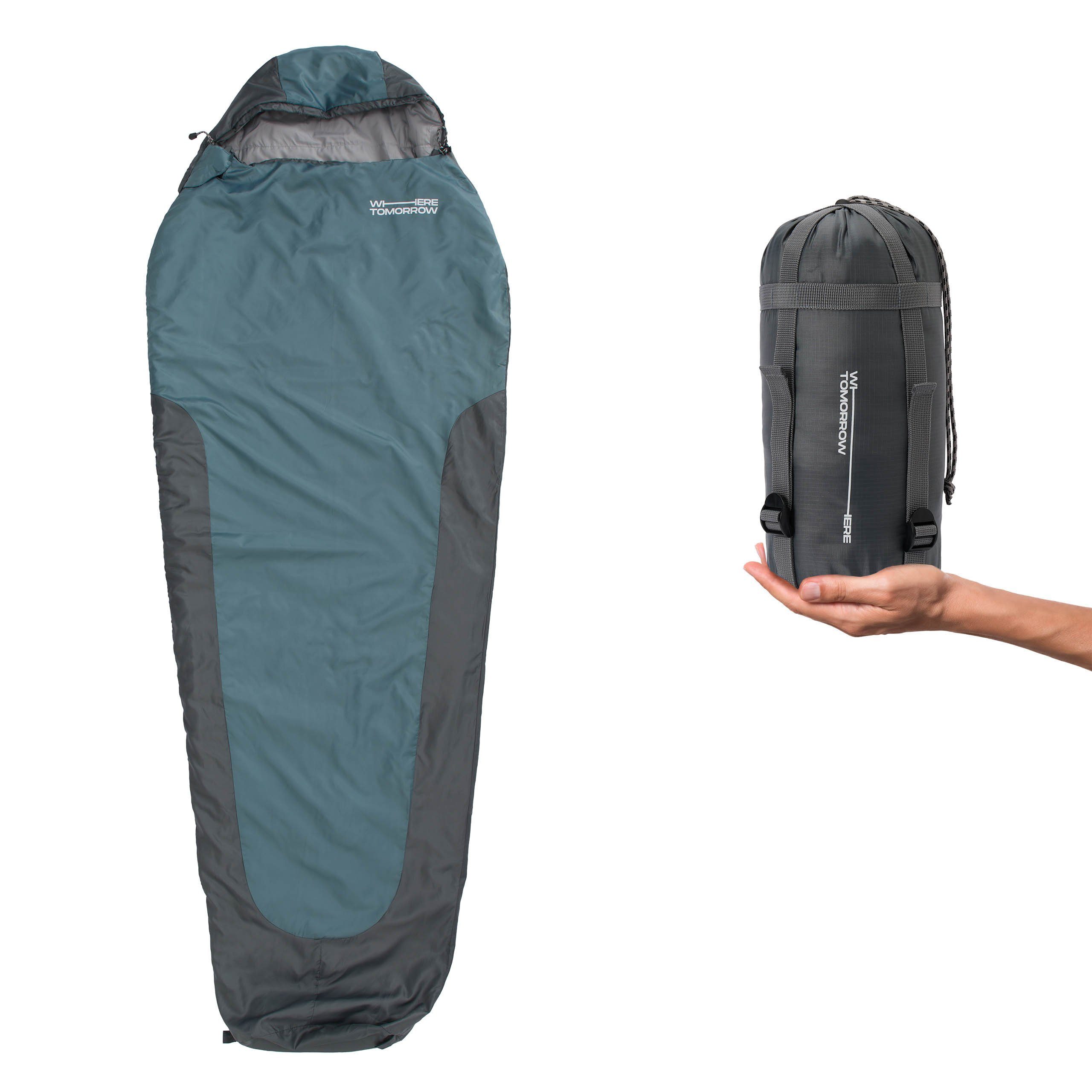 Lumaland Mumienschlafsack Where Tomorrow Camping Schlafsack Small & Light, mit Tasche - 220 x 80 x 50 cm wasserabweisend Konturkapuze Wärmekragen