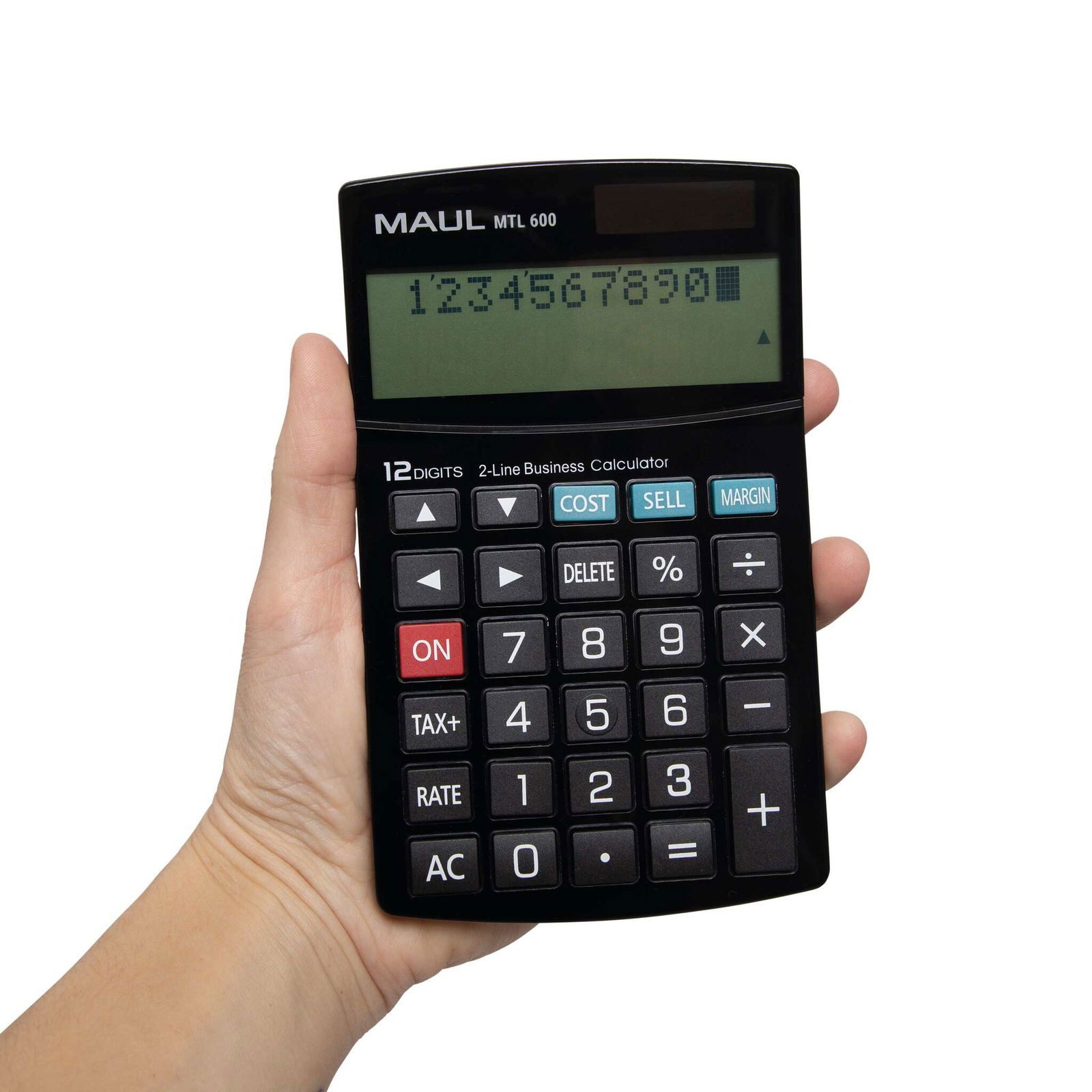 MAUL Taschenrechner mit kaufmännischen Funktionen, 12-stelliges Display mit 2 Zeilen, Steuerberechnung, Gewinnspannenberechnung, inkl. Gerätebeatterie – Bild 3 von 5