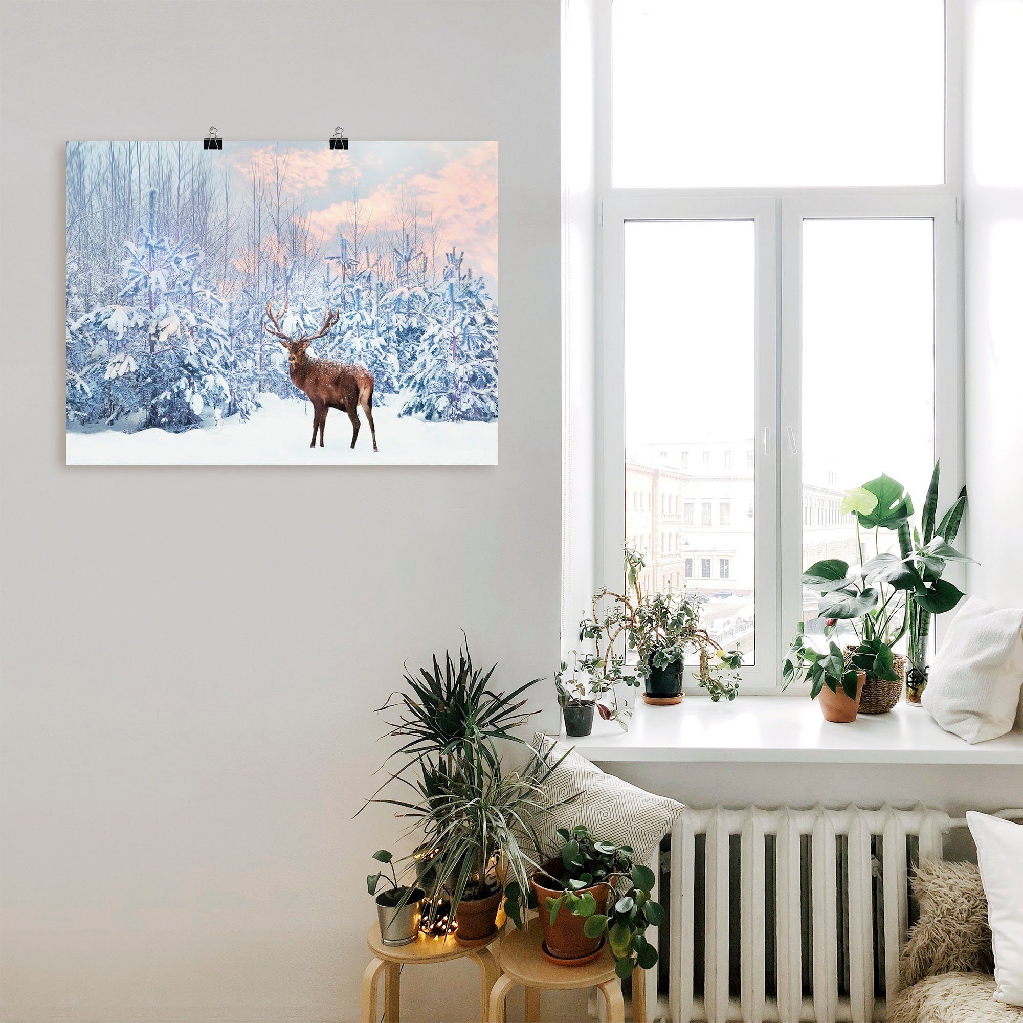 Artland Wandbild Hirsch im (1 in Leinwandbild, versch. Poster Winterwald, als Alubild, Hirschbilder Größen oder St), Wandaufkleber